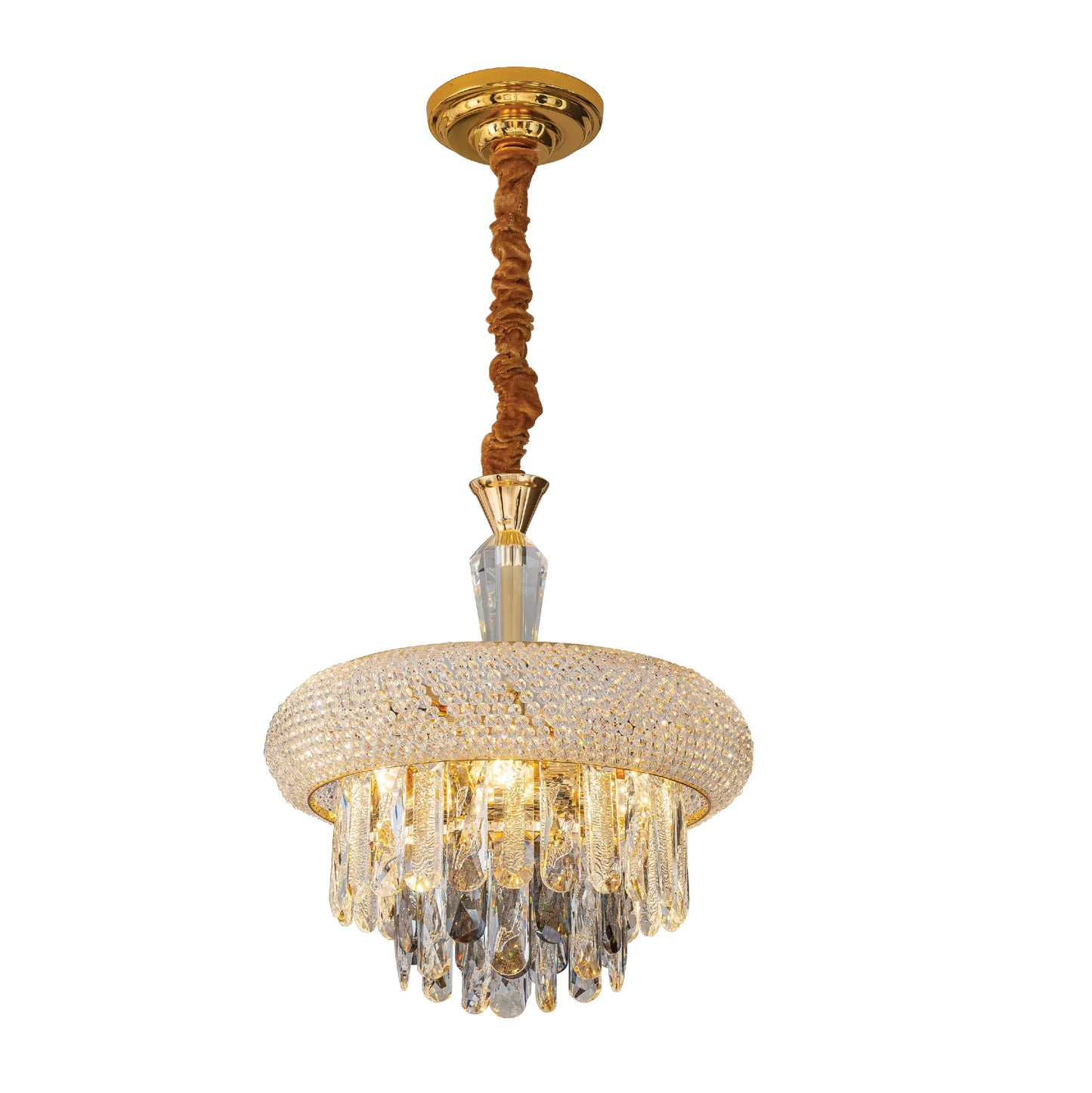 A stylish chandelier with crystals and a gold finish, perfect for adding a touch of glamour to any room.