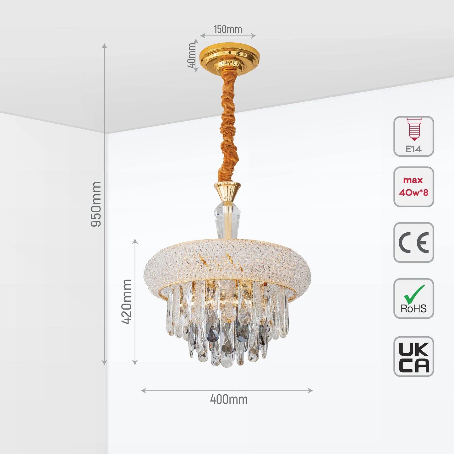A gold chandelier featuring delicate crystal embellishments. Dimensions are shown.