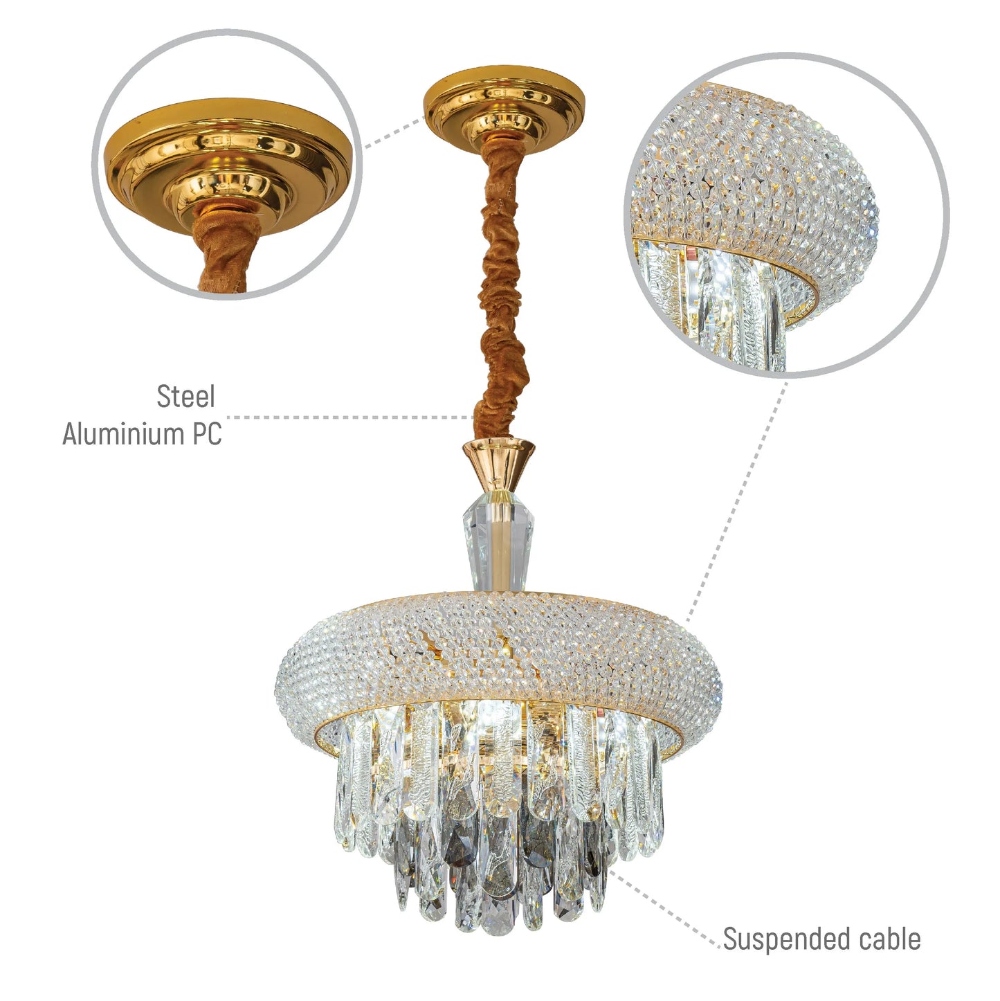 Opulent chandelier featuring crystal detailing and a gold finish. Creates a luxurious ambience.