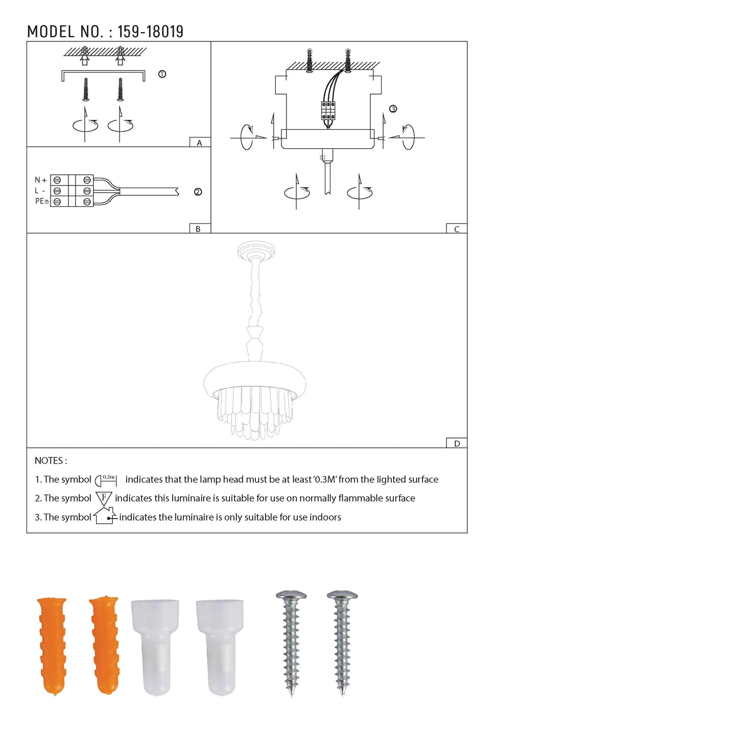 Technical diagrams for a chandelier and installation, with safety advice; indoor use only, 0.3M from lighted surfaces.