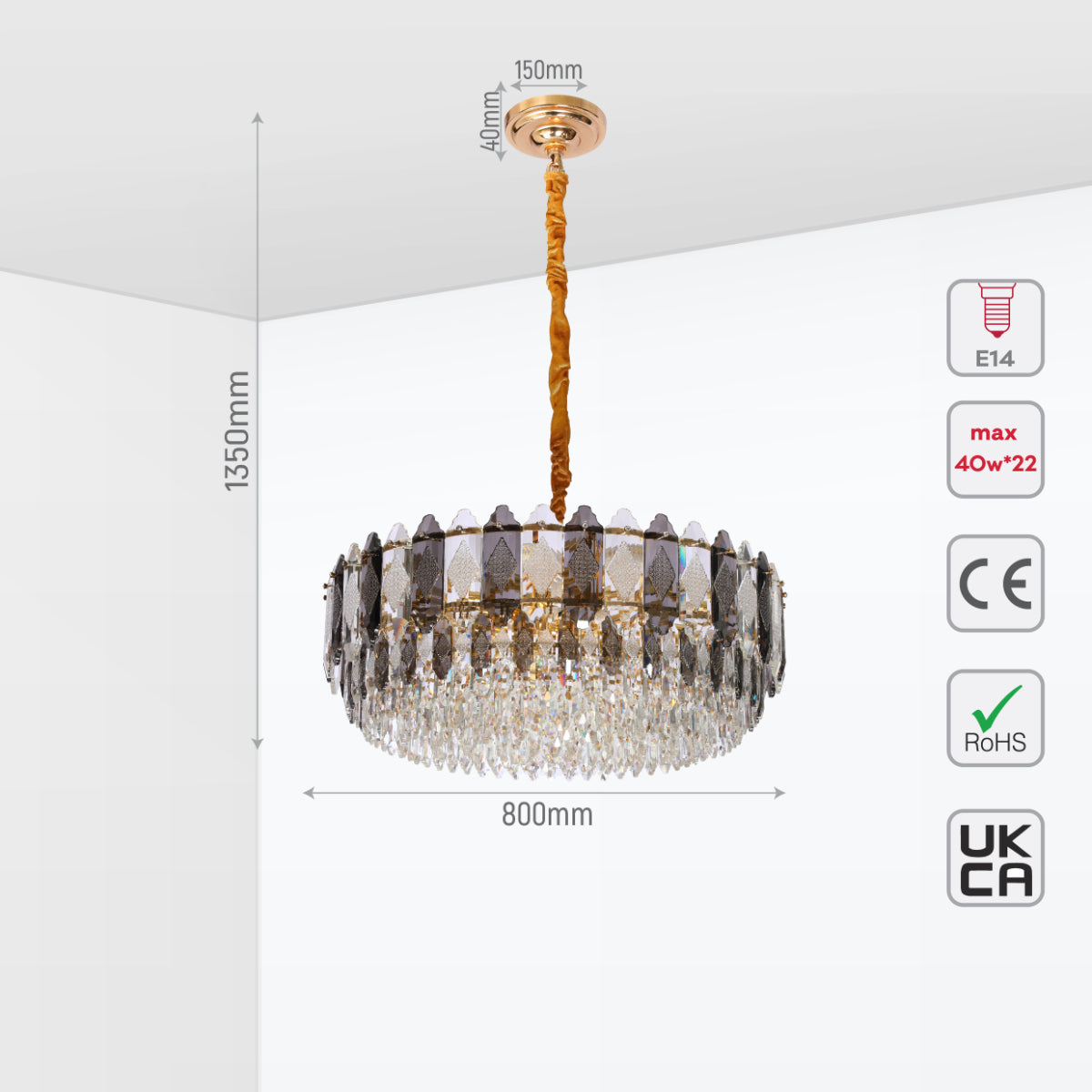 Size and certifications of Deluxe Smoky Clear Crystal Modern Chandelier Light Gold | TEKLED 159-18004