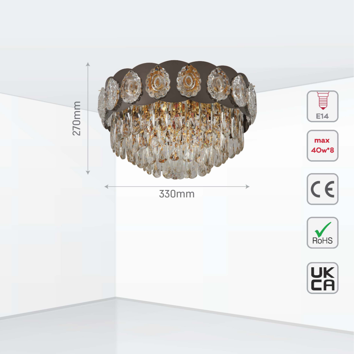 Size and certifications of Luxury Clear Crystal Flush Modern Ceiling Chandelier Light Gold | TEKLED 159-18007