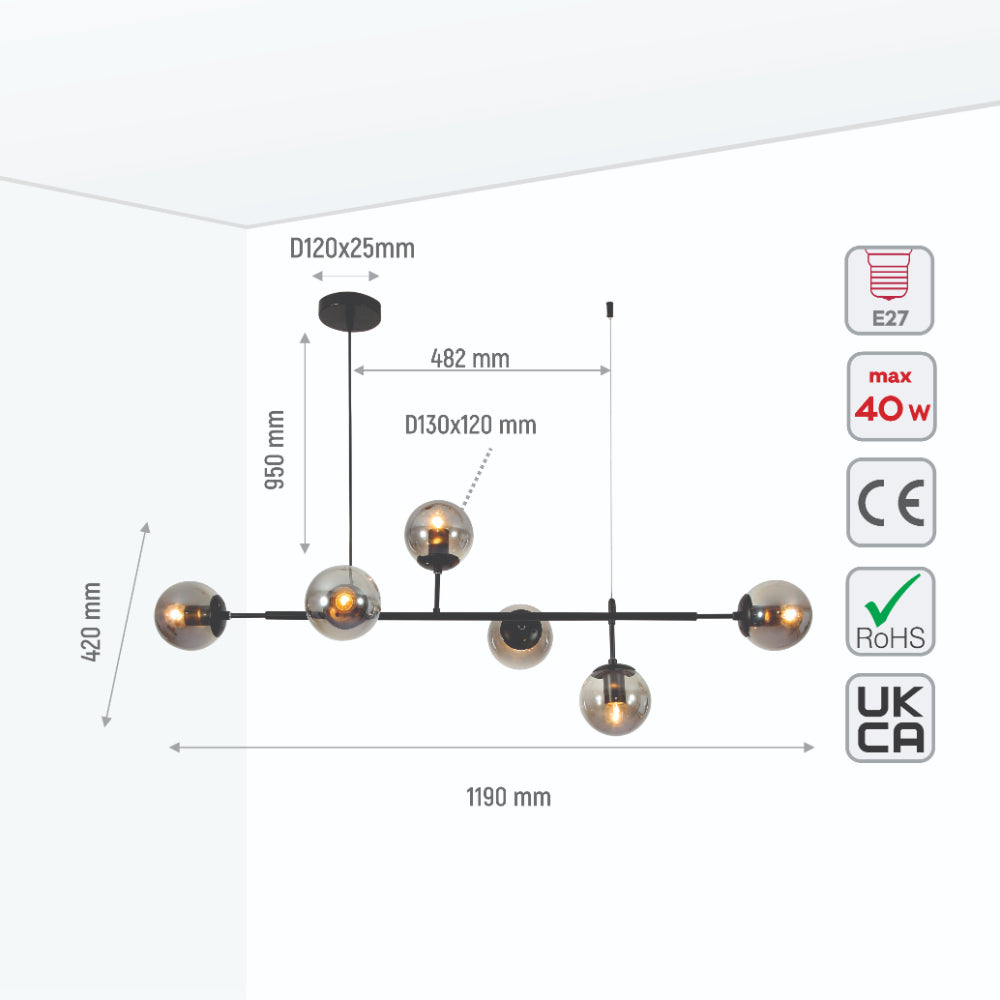 Size and specs of Smoky Globe Glass Black Metal Island Chandelier Ceiling Light with 6xE27 Fitting | TEKLED 159-17454