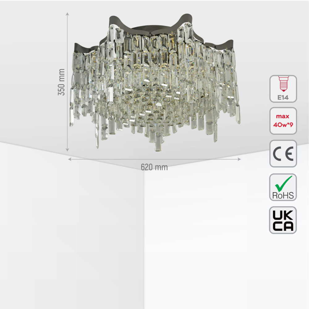 Size and tech specs of Star Crystal Flush Chandelier Ceiling Light | TEKLED 159-18060