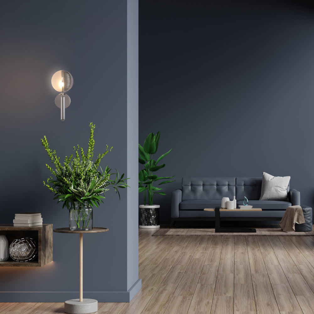 Chrome Striped Reeded Glass Wall Light in action in Living room