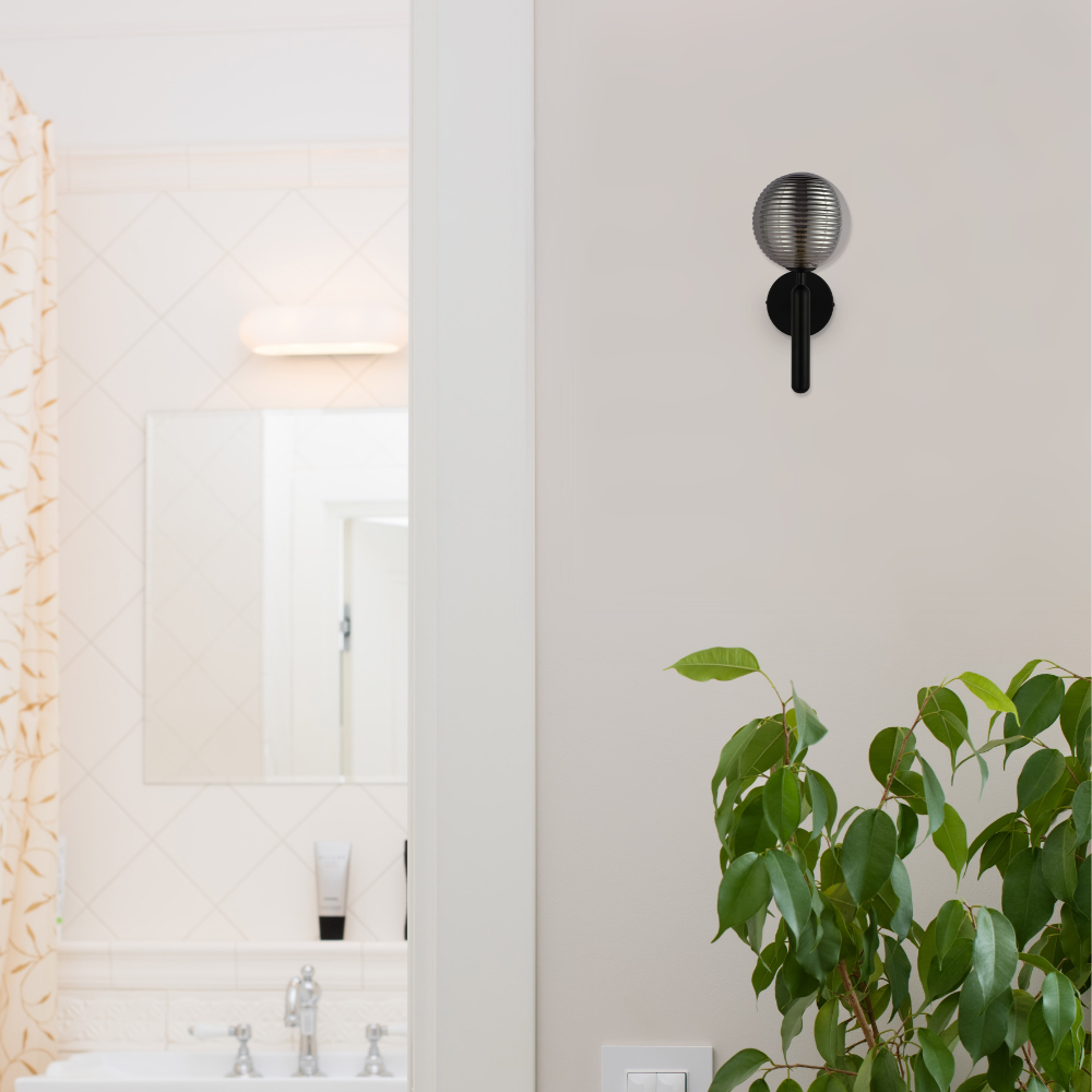 Black Striped Reeded Glass Wall Light in bathroom