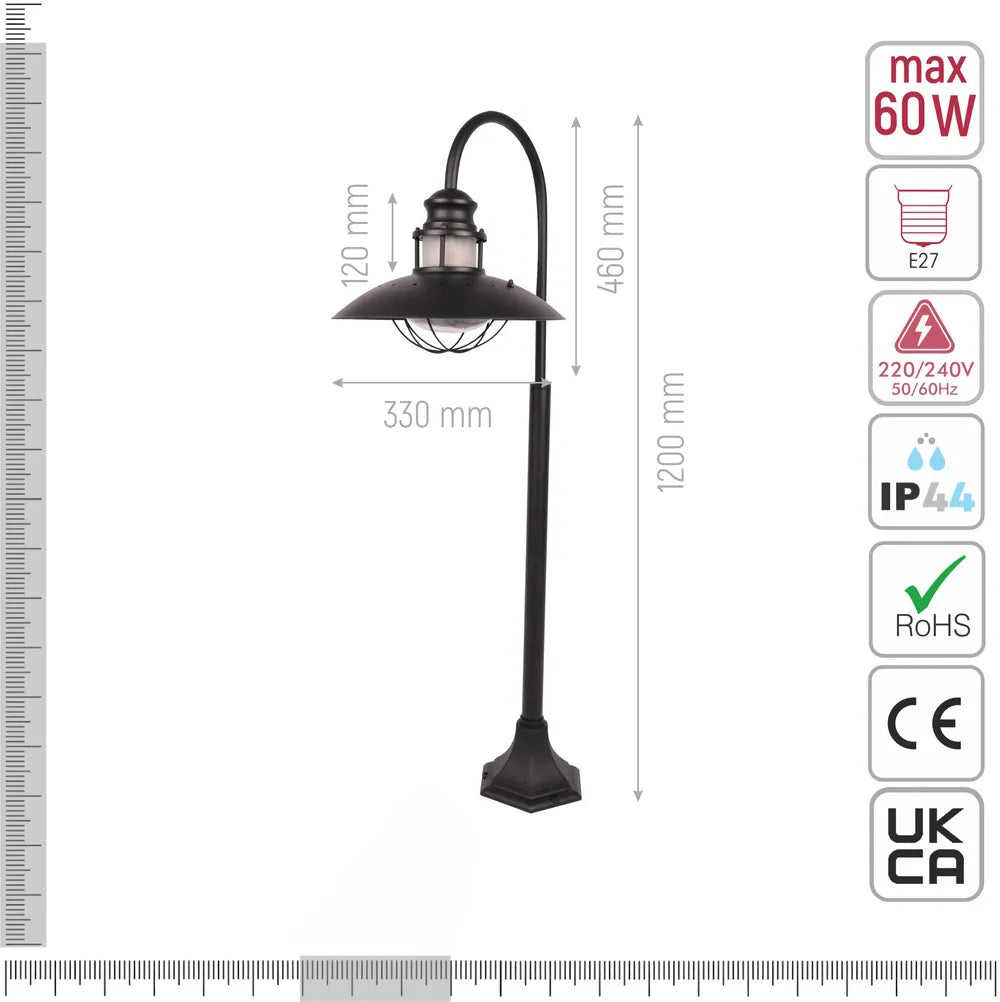 Technical specifications and measurements for Sunflower Bollard Lawn Lamp Matt Black Clear Glass E27