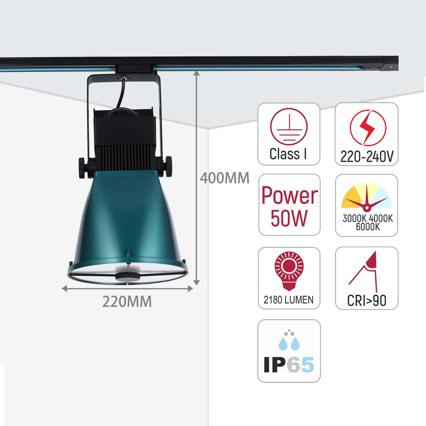 Track lighting with diagrams showing specifications: 50W power, 2180 lumen, 3000K-6000K, CRI>90, IP65, Class I, 220-240V, 400mm height, 220mm width.