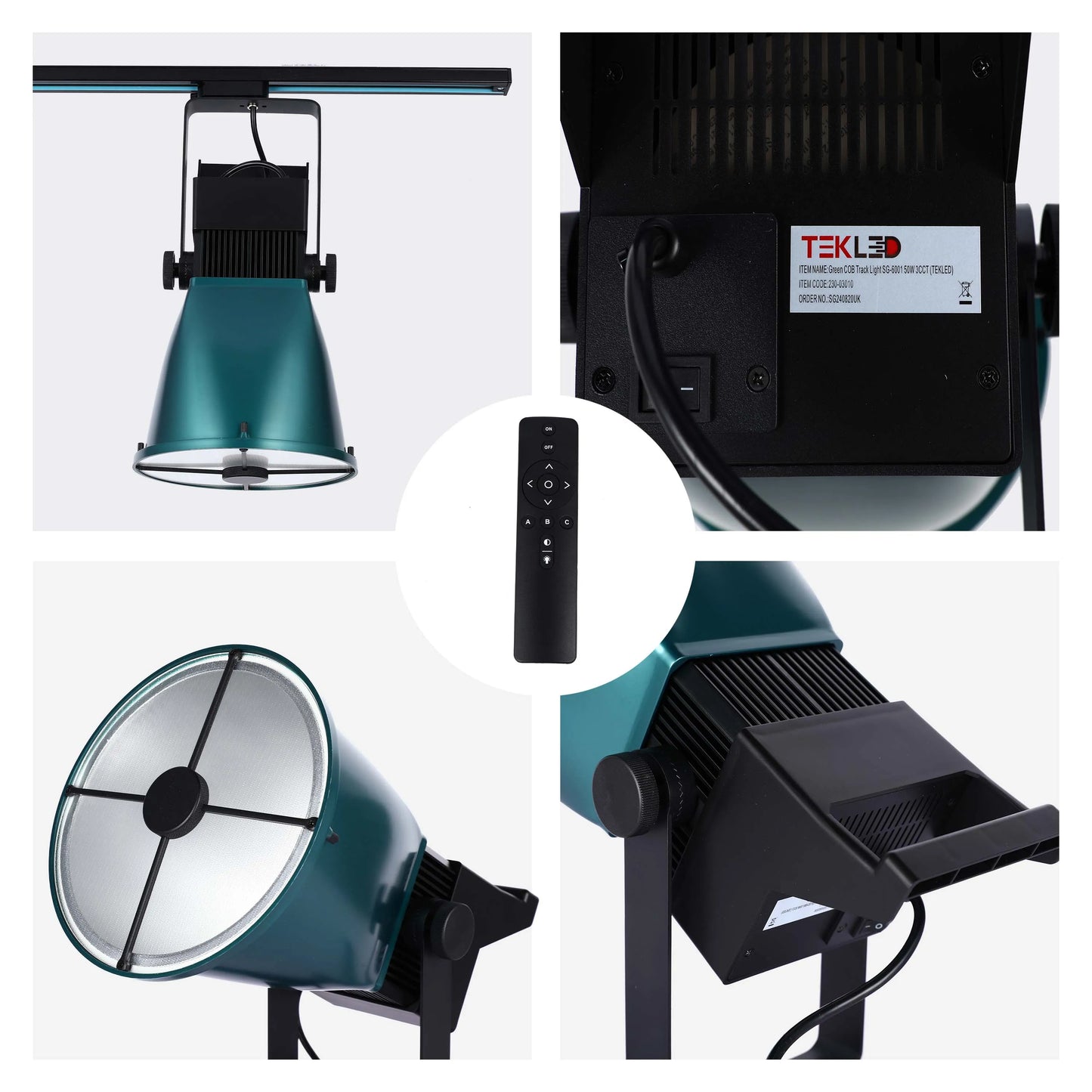 A green TEKLED track light and remote control are showcased in this image. The light has a retro-style design with a mesh front.