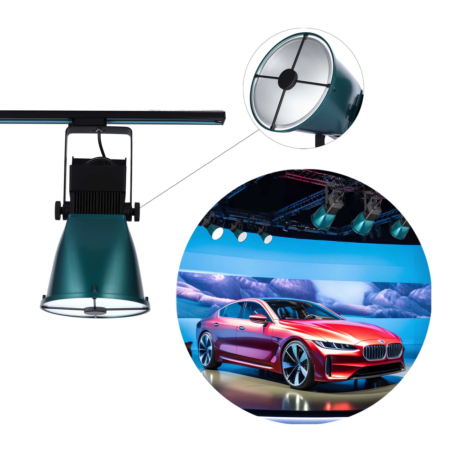 A spotlight lighting setup, featuring a sleek track-mounted spotlight in a striking teal colour, illuminating a new red car.