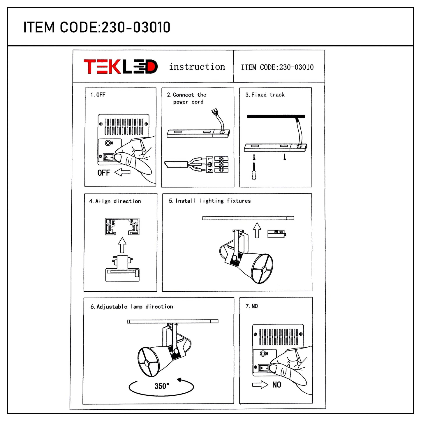 Track lighting instructions. Diagrams show how to install a TEKLED track light fitting with wiring and directional adjustment.