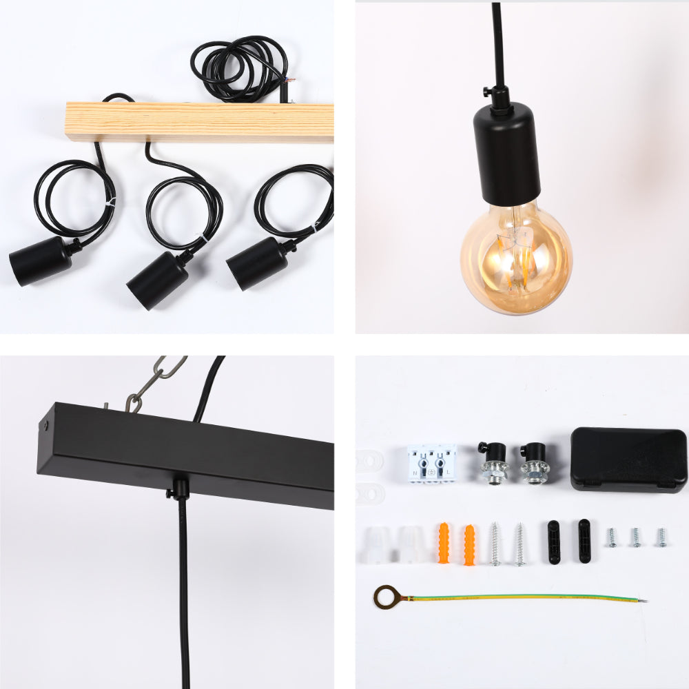 Modern industrial pendant lights. One with an Edison bulb. Some components are also on display.