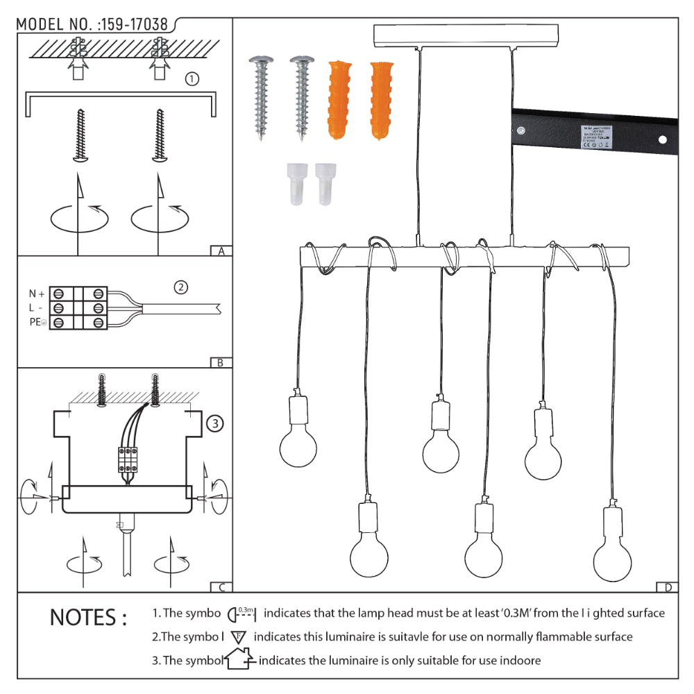 Diagram of a modern pendant light fixture with six bulbs hanging from a long, rectangular base. Includes installation instructions.
