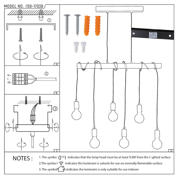 Diagram of a modern pendant light fixture with six bulbs hanging from a long, rectangular base. Includes installation instructions.