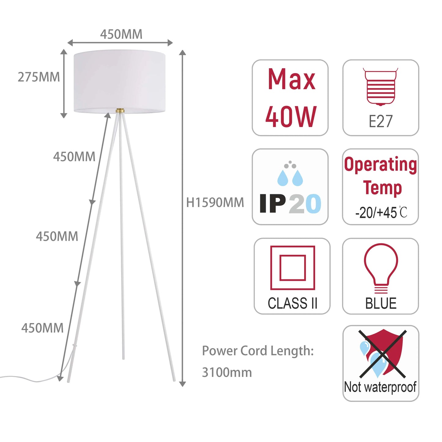 Tripod Floor Lamp – E27 Fitting, 1590mm Height, Dimmable