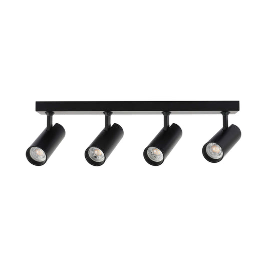 Black four-bulb track lighting, a modern spotlight fixture for domestic and commercial spaces.