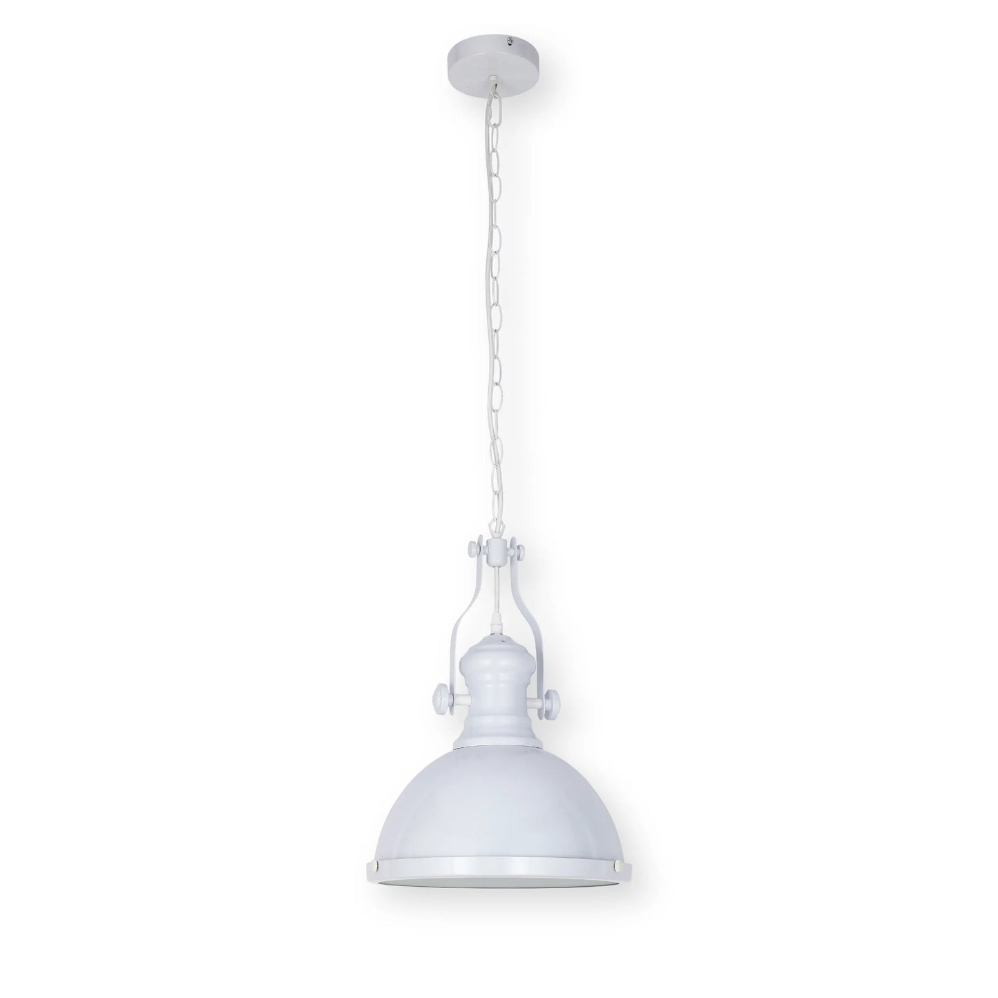 White pendant light with chain, ideal for adding a stylish touch to any room.