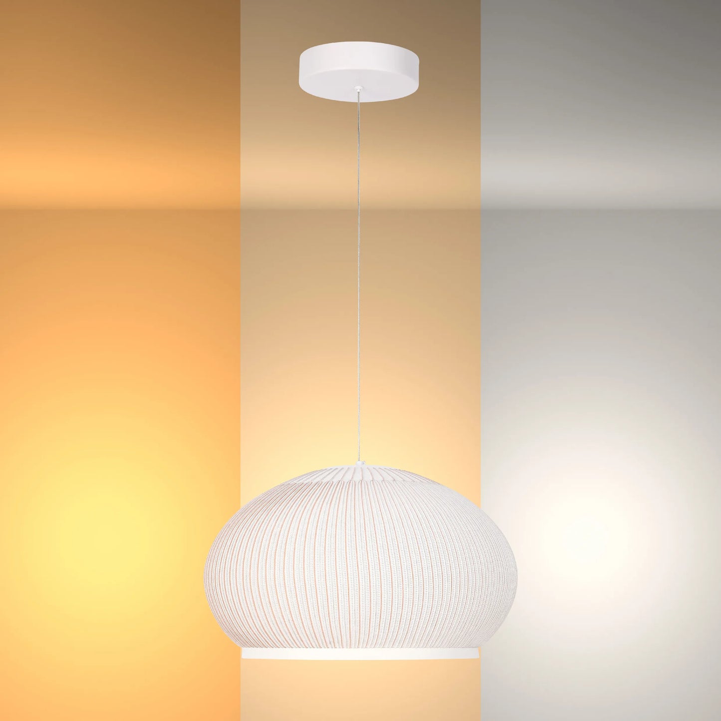 White pendant light with a textured shade against a gradient backdrop displaying different colour temperatures.
