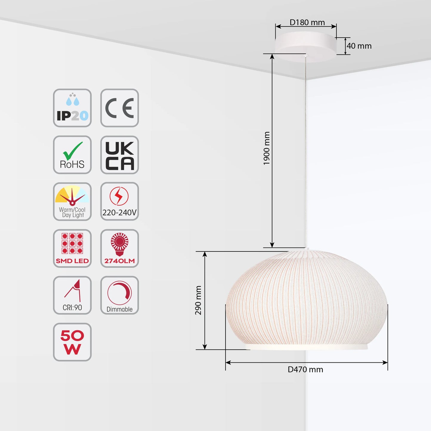 A stylish pendant light. It has a round lampshade, and features measurements, including a drop of 1900mm and dimensions of D470mm x 290mm.