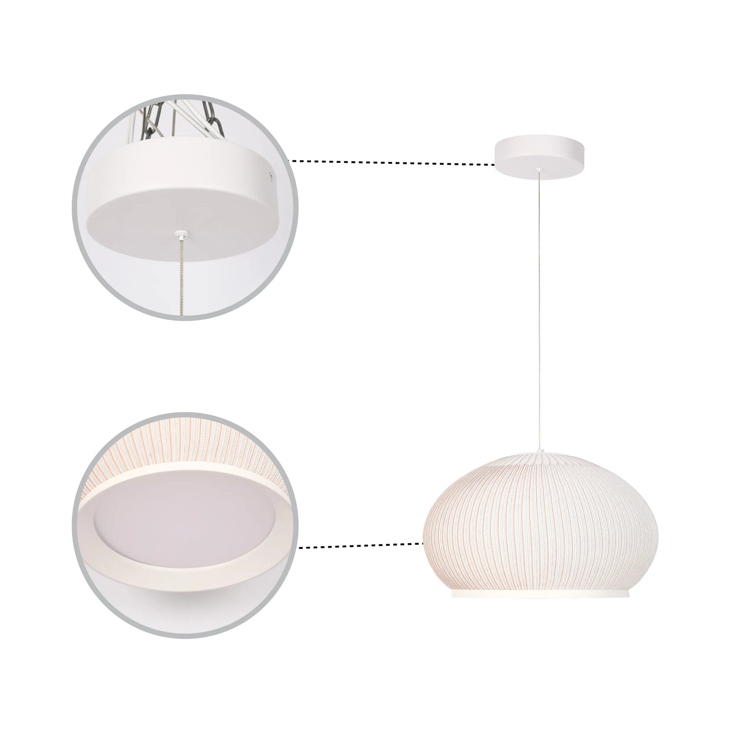 A modern, white pendant light with a round shade and ceiling mount. Soft, ambient lighting for the home.