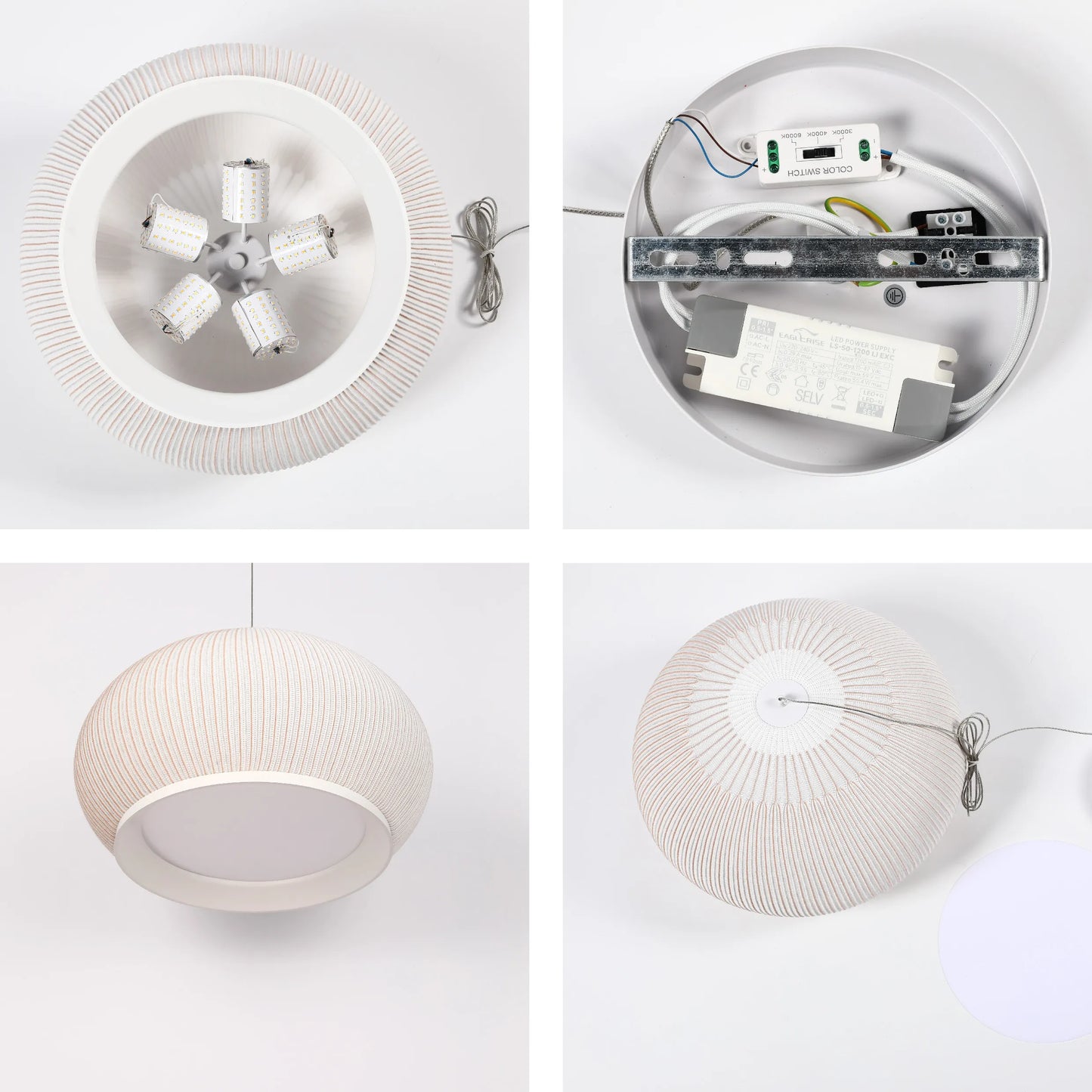 Contemporary dome pendant light. Features a fabric shade and colour temperature switch for adjustable ambience.