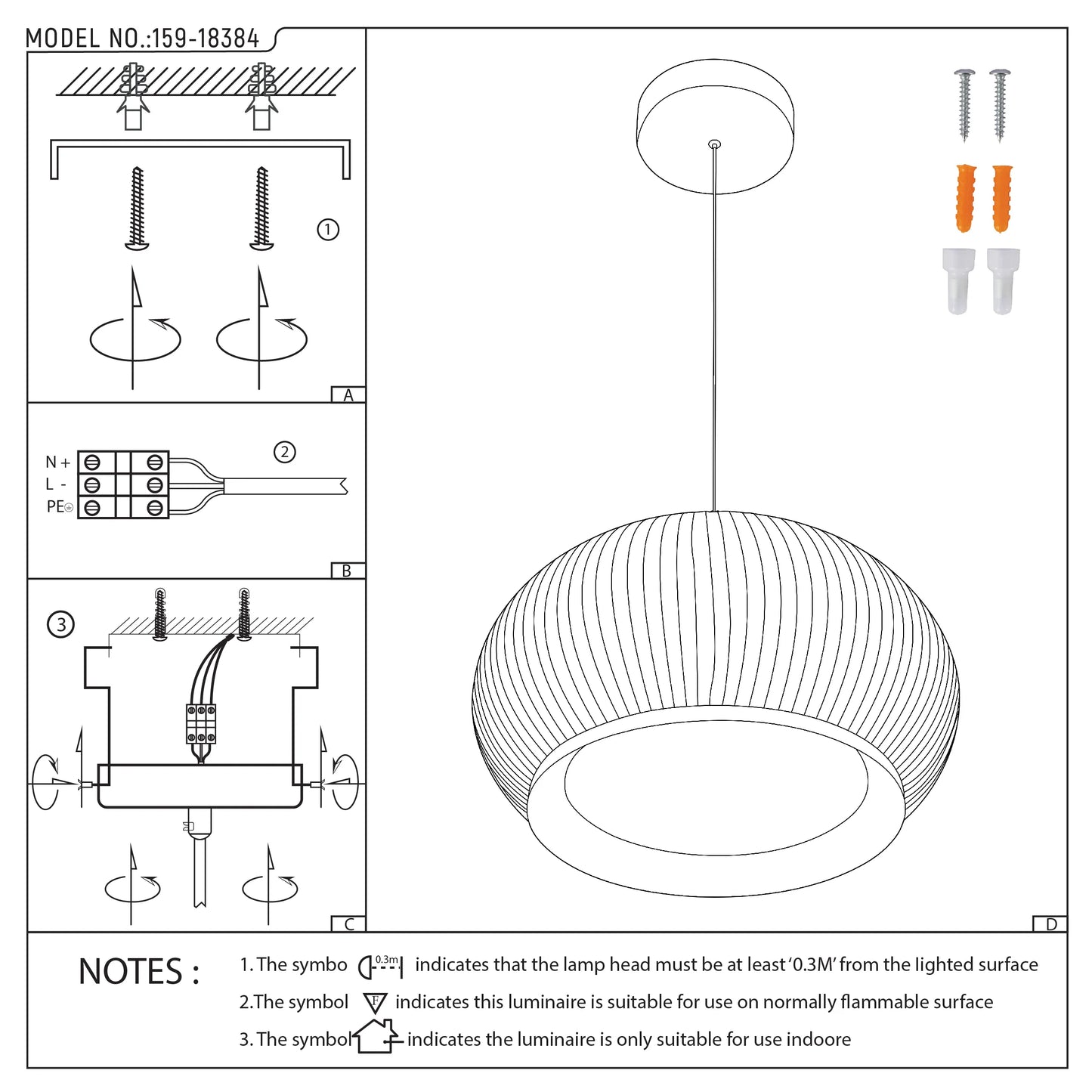 A line drawing of a pendant light with installation instructions, fixings and the model number '159-18384' displayed.