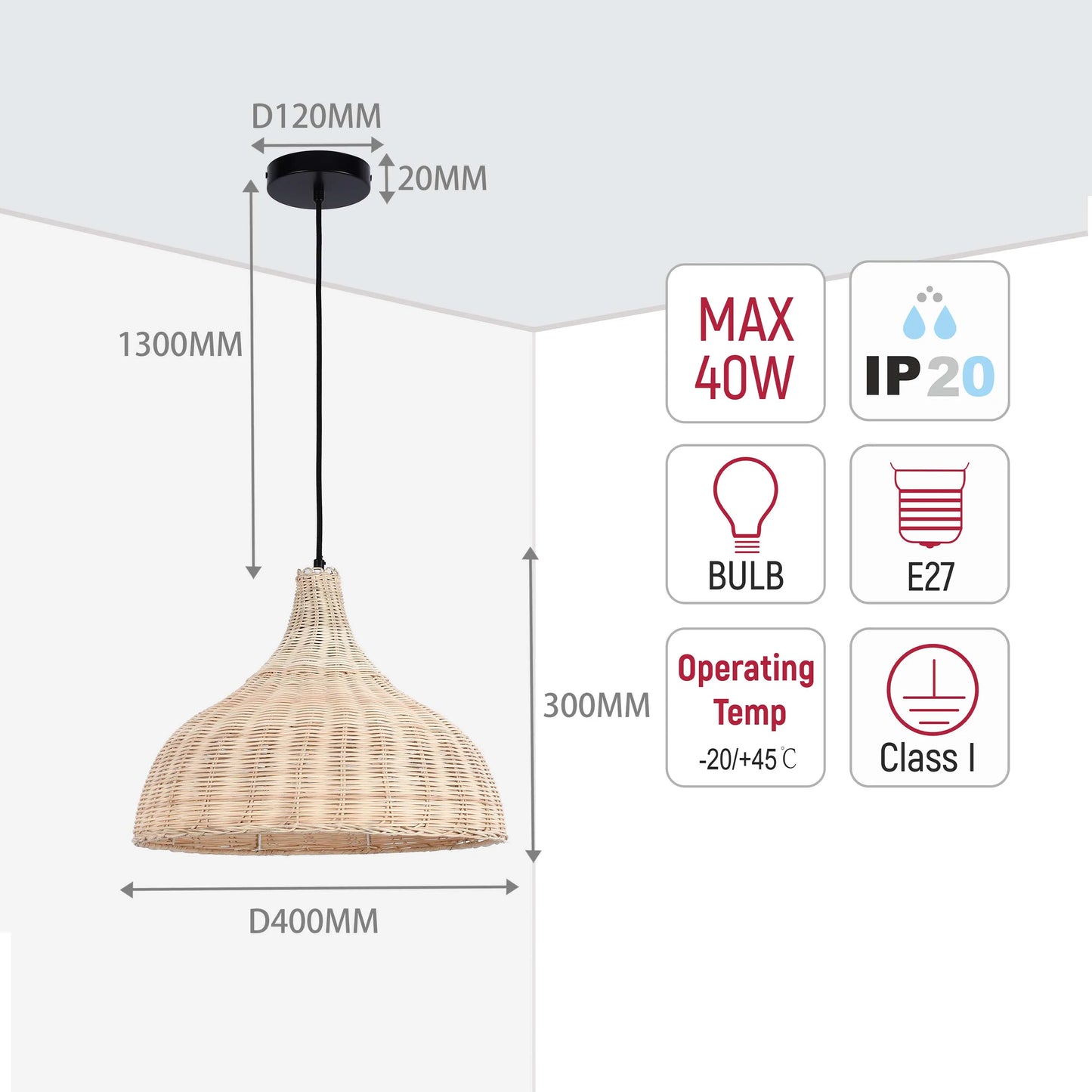 Dimensions for a pendant light fixture, including overall length, shade width and depth, and lamp fitting and wattage.