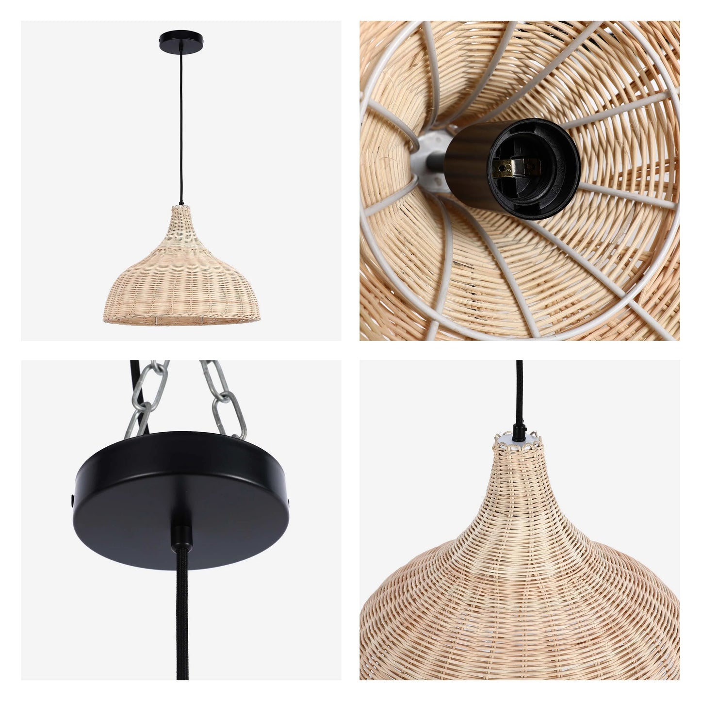 Wicker pendant light with a black ceiling rose and light fitting. A natural, boho light fixture.