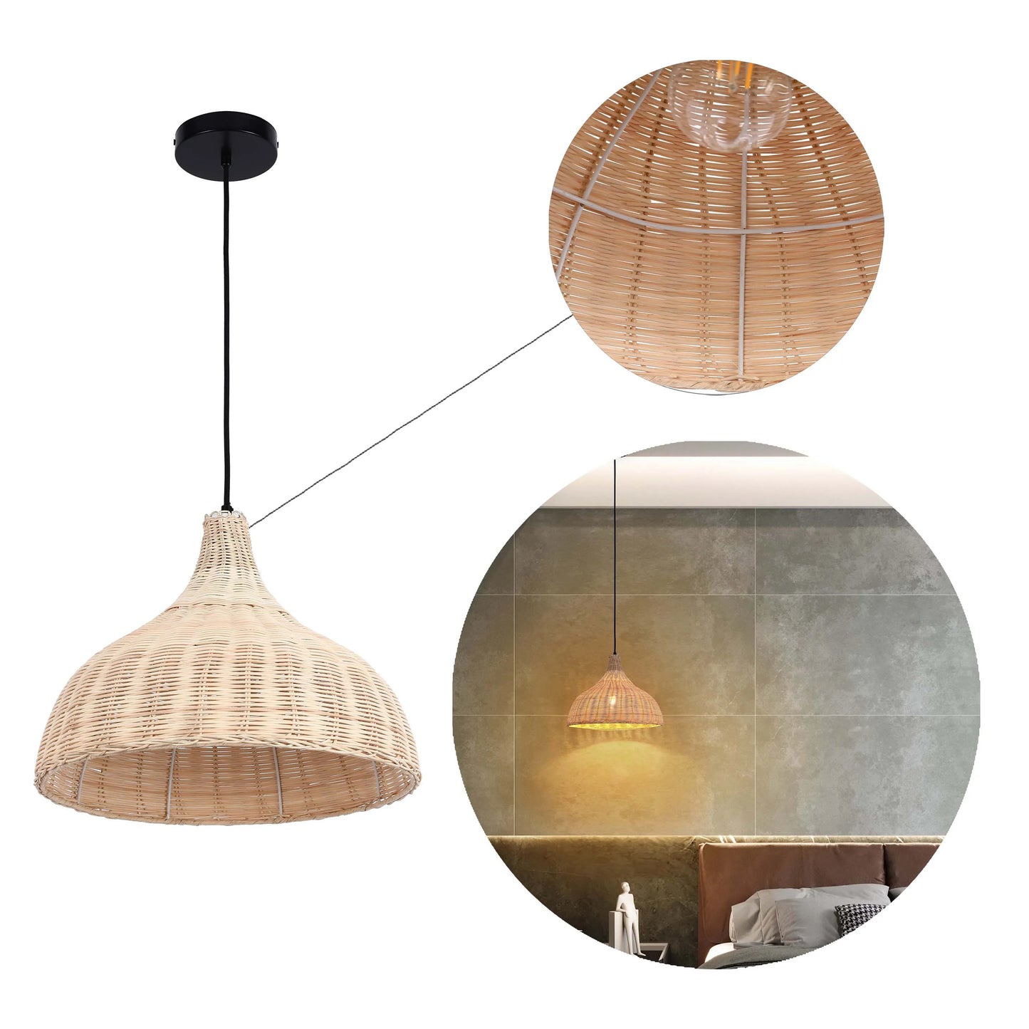 A woven pendant light features a black ceiling rose and cord. It hangs in a bedroom, casting a warm glow.