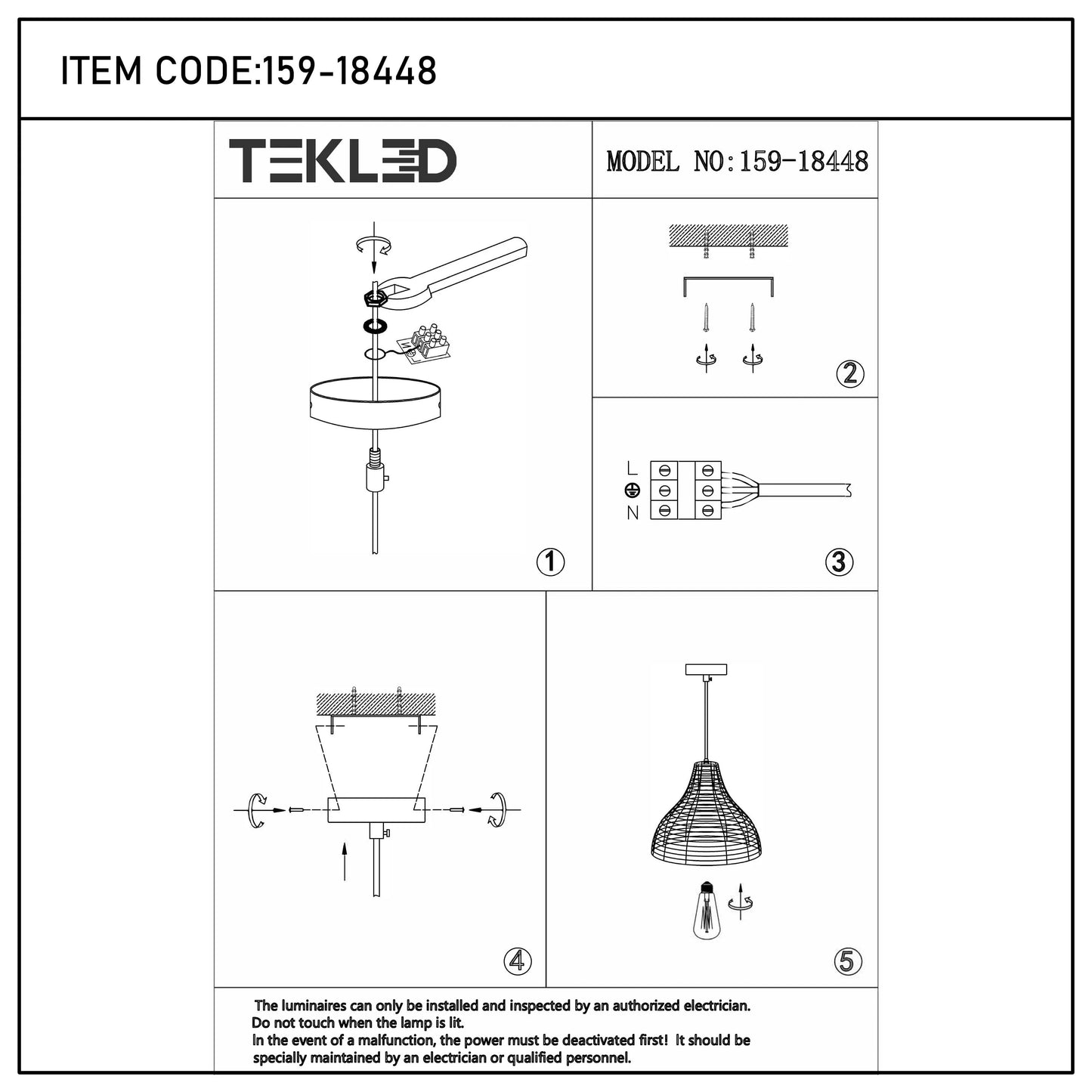 A series of 5 diagrams showing the installation process of a TEKLED pendant light, item code 159-18448.
