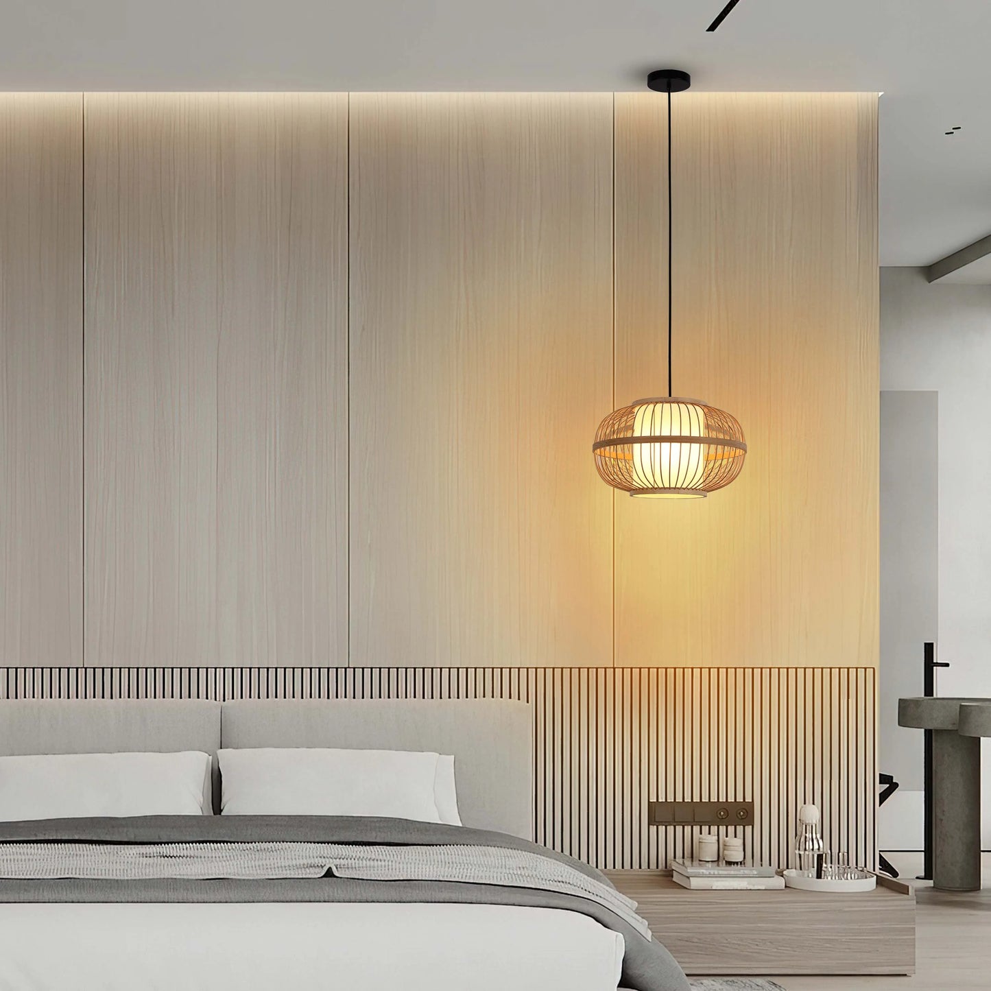 A decorative pendant light hangs above the bedside table, casting a warm glow on the bedroom interior.