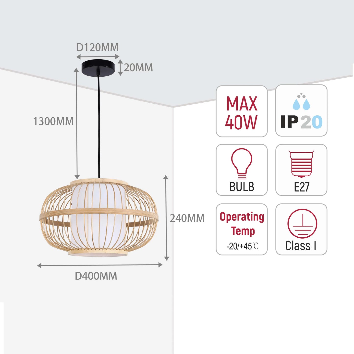 A bamboo pendant light fitting with dimensions indicated. Features IP20 rating and operates between -20/+45°C.