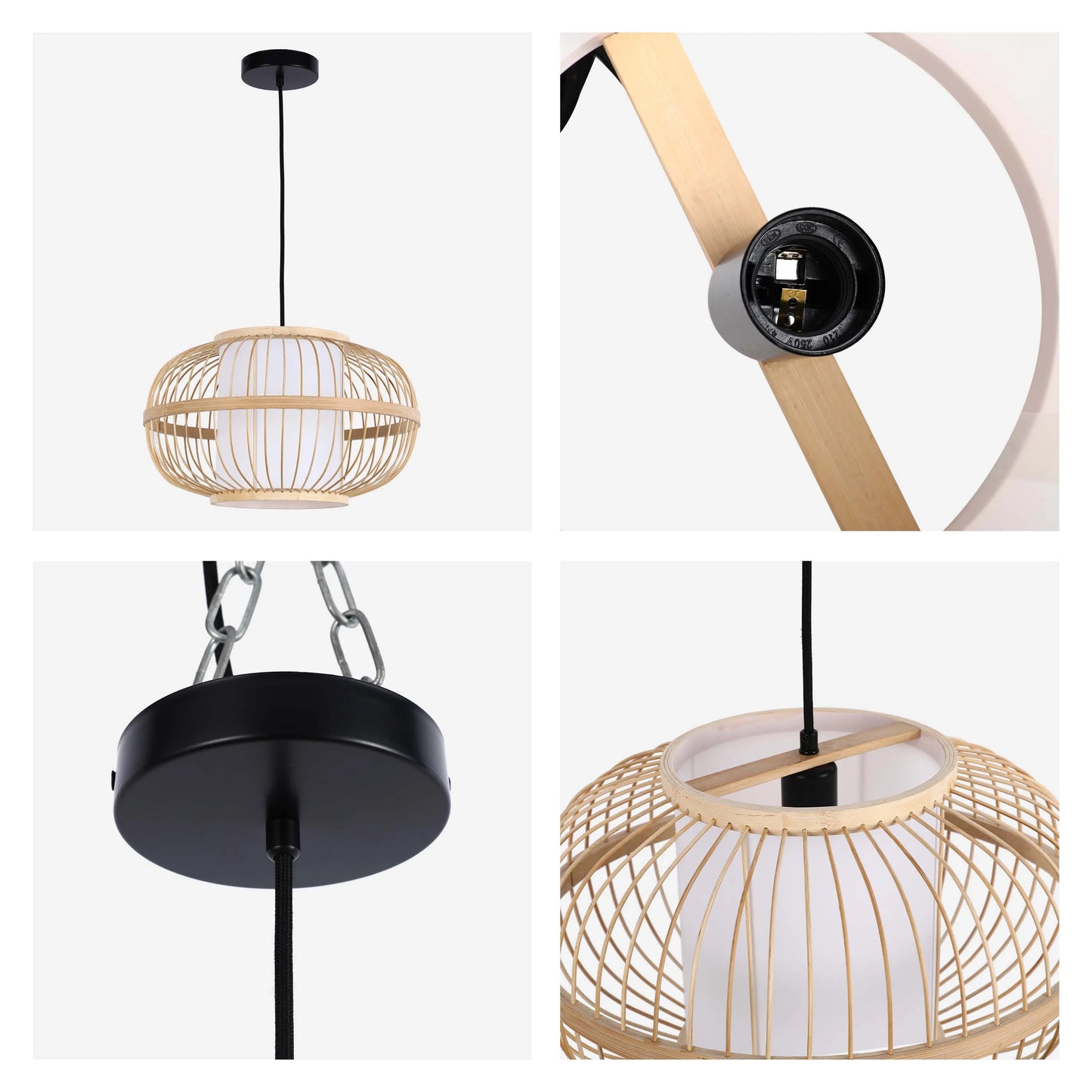 A bamboo pendant light with a black ceiling rose. Natural, modern lighting for the home.