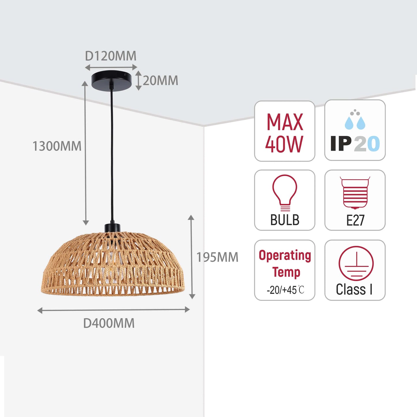 Hanging lamp with woven shade. Dimensions: 1300mm high, 400mm diameter. Max 40W. E27 bulb. IP20 rated, Class I. Operating temp -20/+45°C