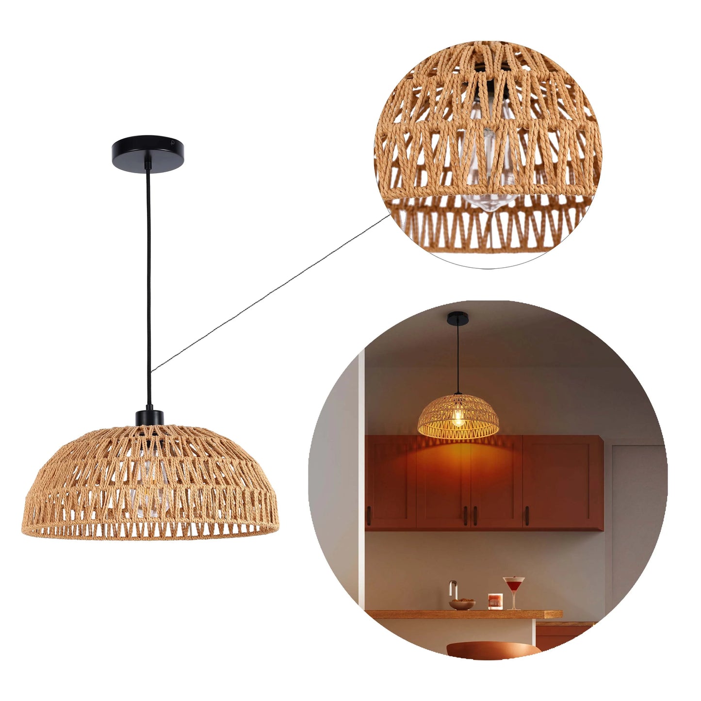 A natural fibre, woven pendant light with a black ceiling rose is the focus, with two contexts also shown.