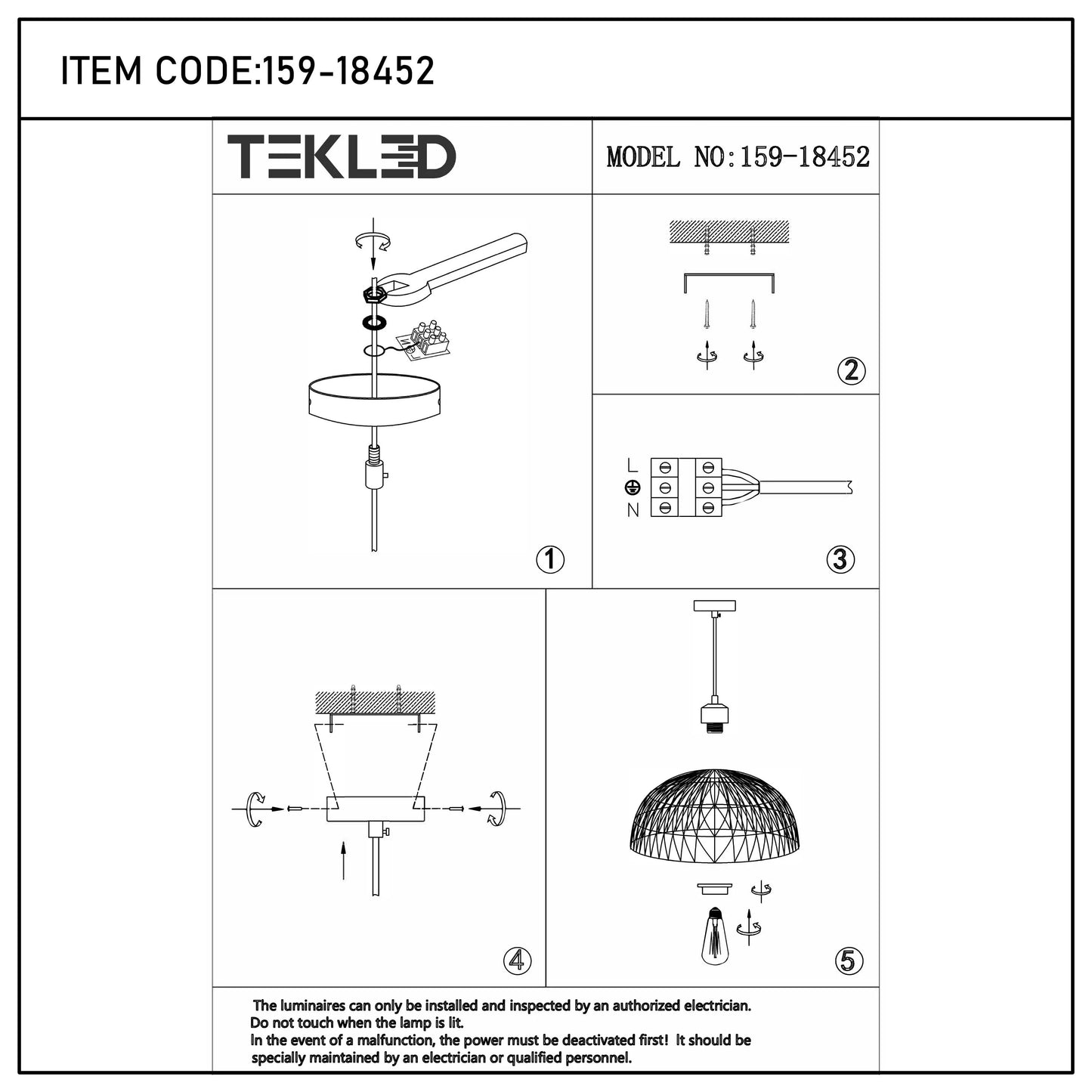 A technical diagram for a pendant light fixture, showing the steps for installation, numbered one to five.