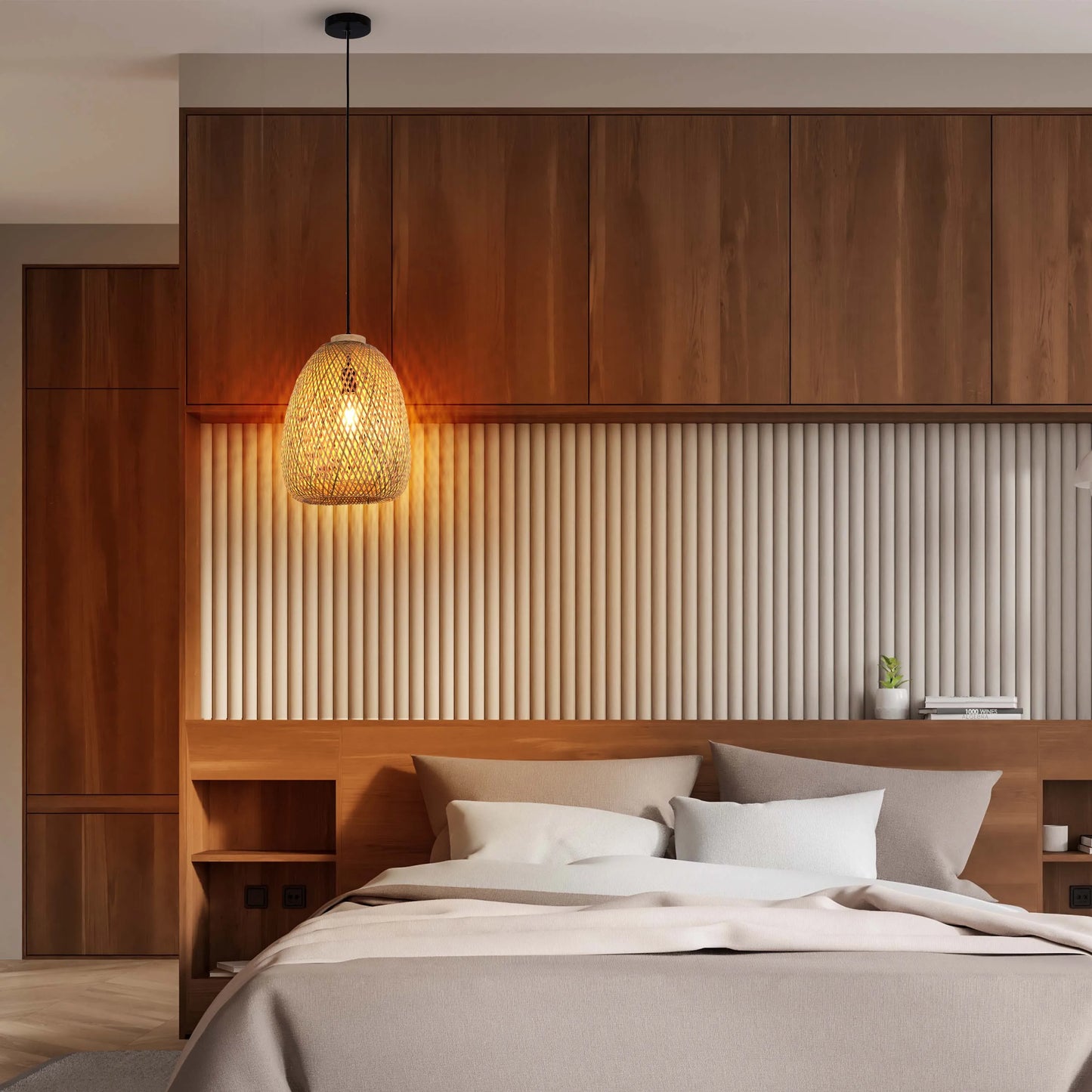 Ambient bedroom lighting with a woven pendant lamp, highlighting wooden cabinetry and a comfortable bed.