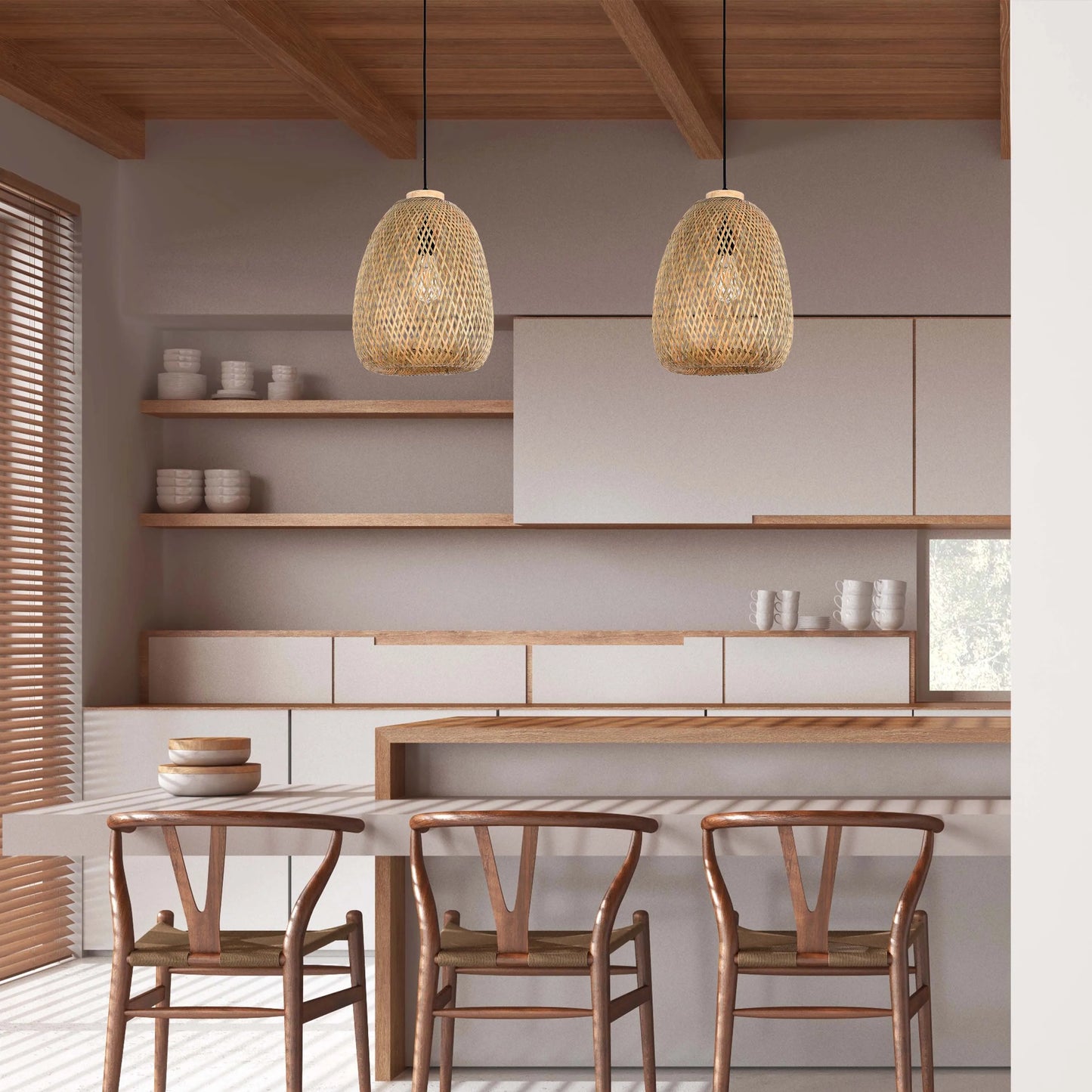 Two rattan pendant lights illuminate this bright, modern kitchen with wooden accents.