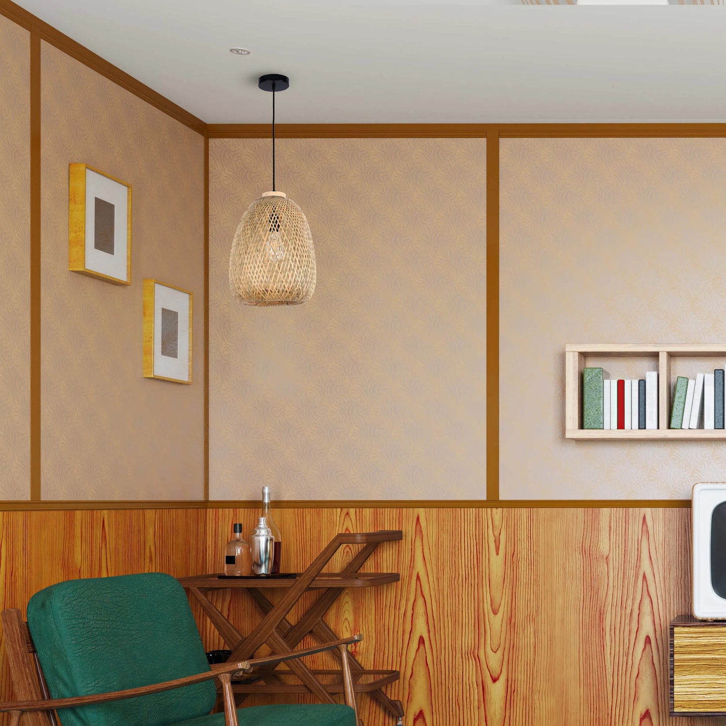 Woven pendant light casting a warm glow in a stylish, neutral-toned interior. Natural materials bring a touch of organic elegance.