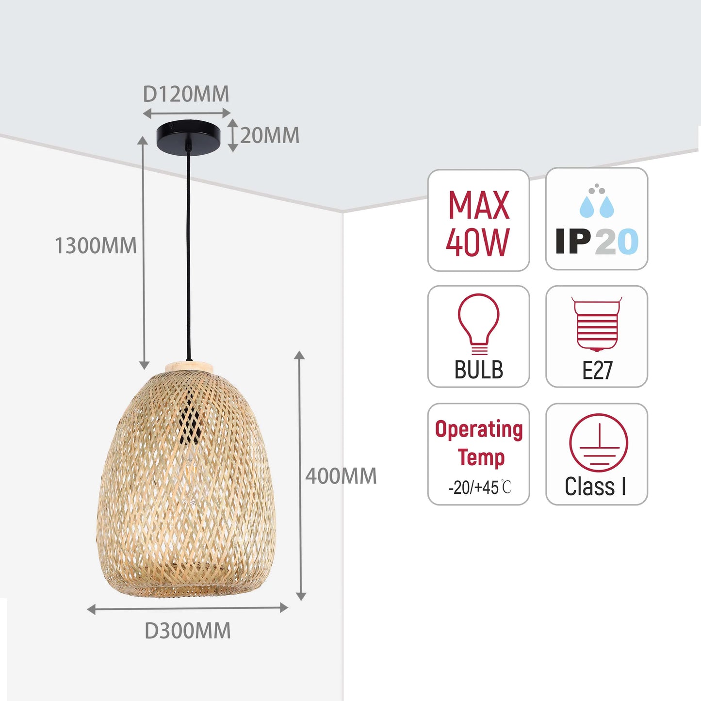 Woven pendant light. Dimensions: 1300mm drop, 400mm high, 300mm diameter. Uses E27 bulb, max 40W. IP20 rated, Class I.