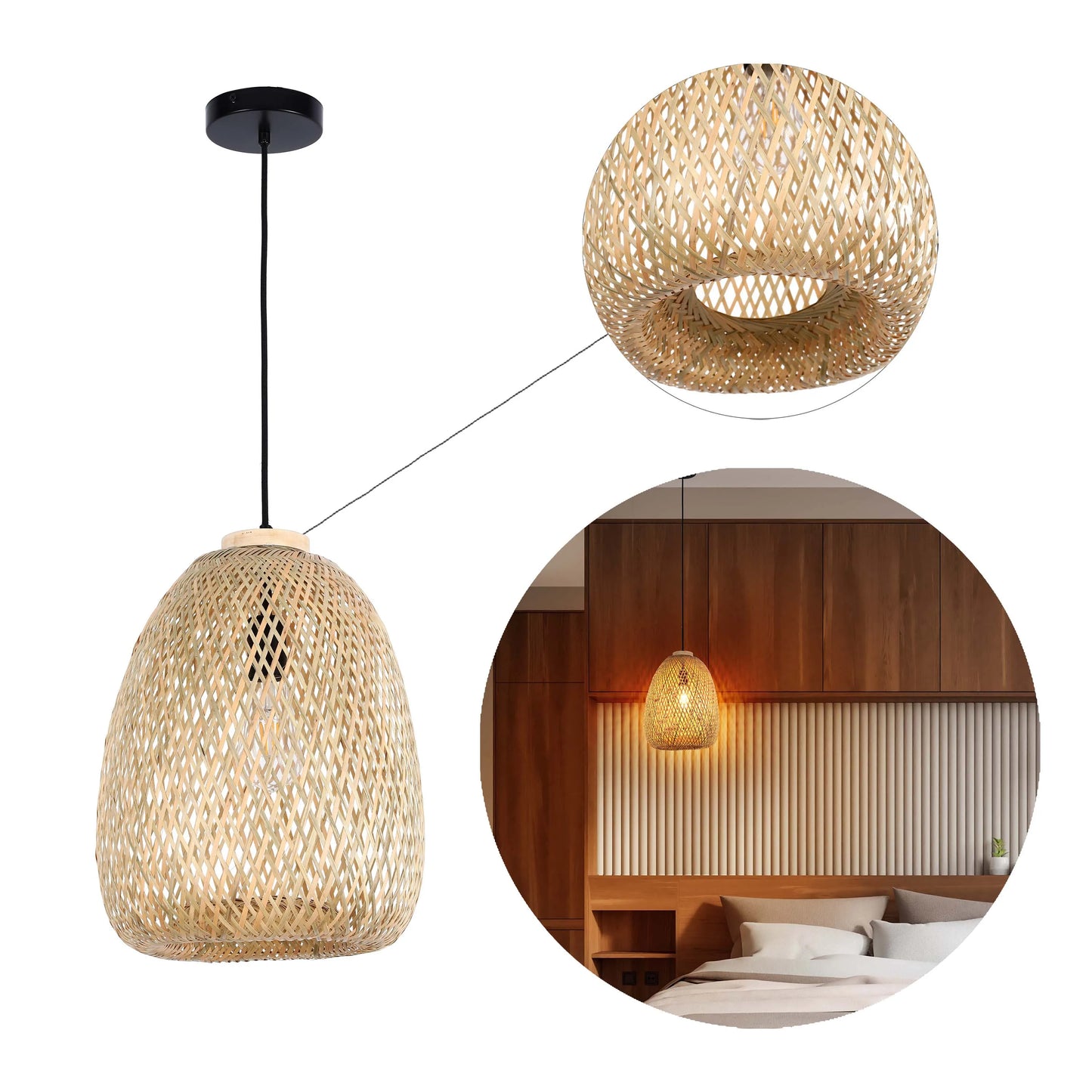 A bamboo pendant light hangs elegantly with an enlarged section of the wicker lampshade and a room scene of the same light.