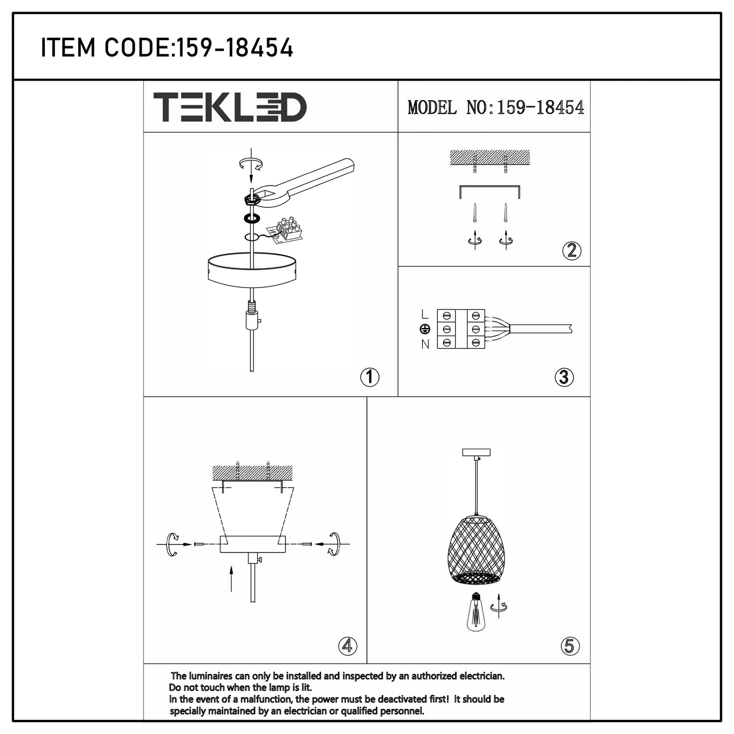 Diagram for installing a Tekled pendant light, showing the parts & wiring, plus warnings to use an electrician.