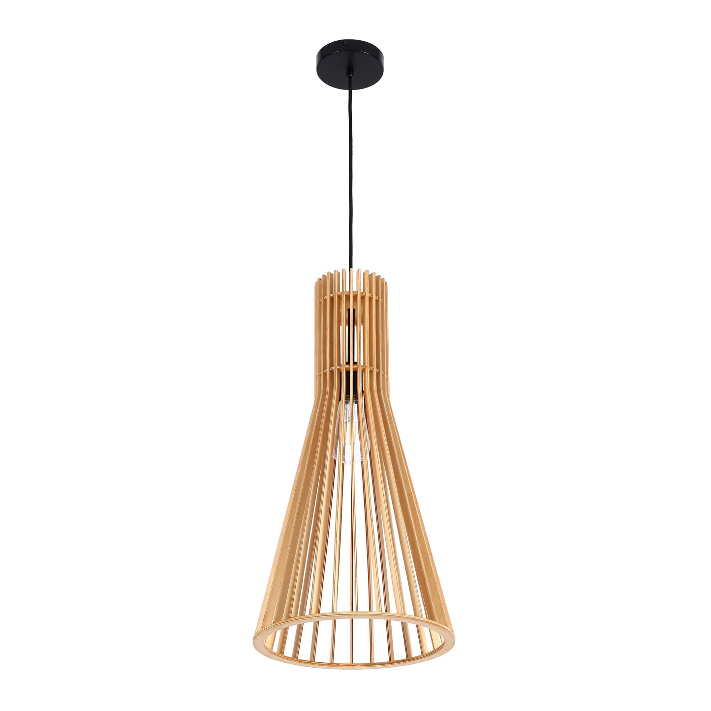 Hanging pendant light with wooden slats arranged in a cone shape. Black ceiling rose.