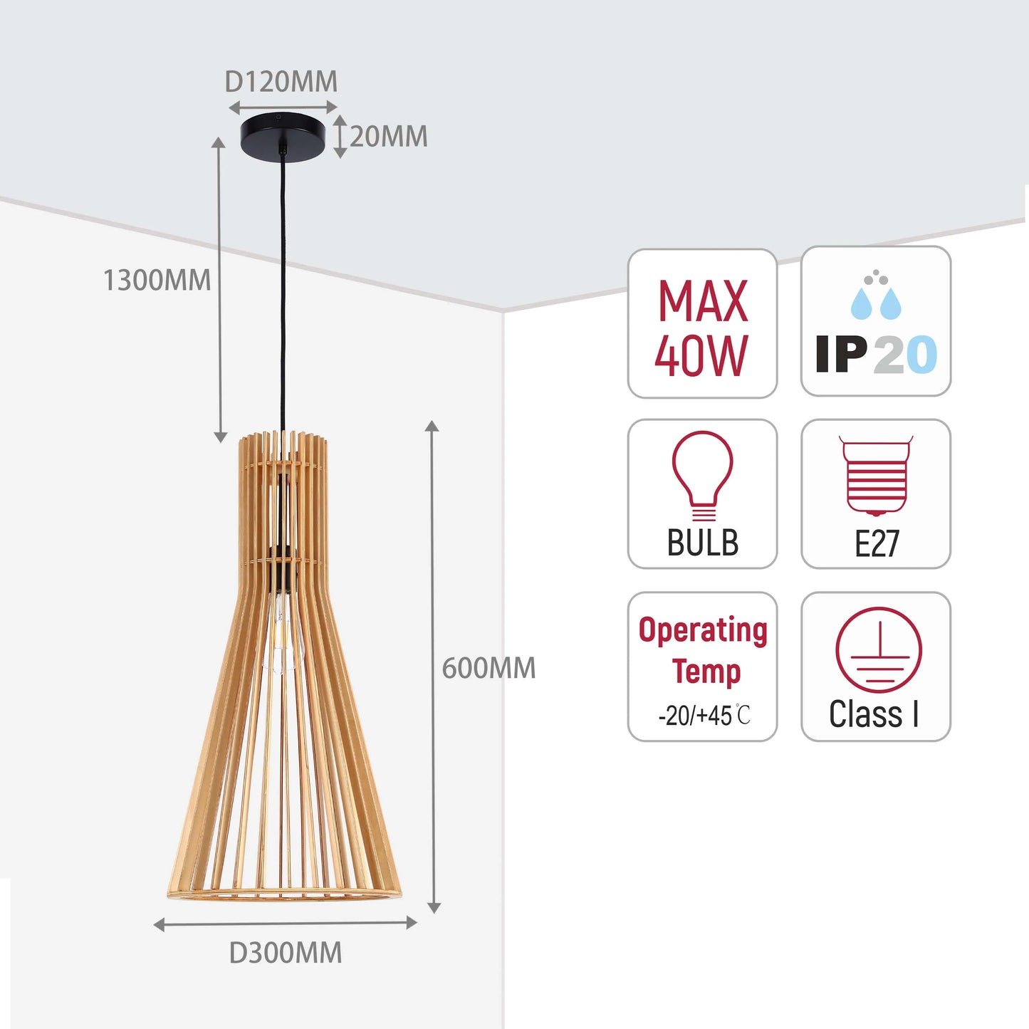 Contemporary pendant light featuring a slatted wooden shade, with a 1300mm drop. Dimensions: D300mm x H600mm.
