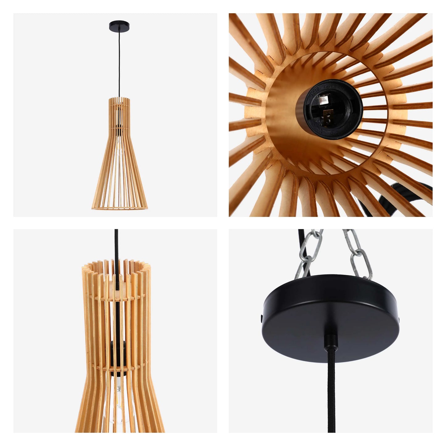 A contemporary pendant light with a wooden slat shade and a black ceiling rose.