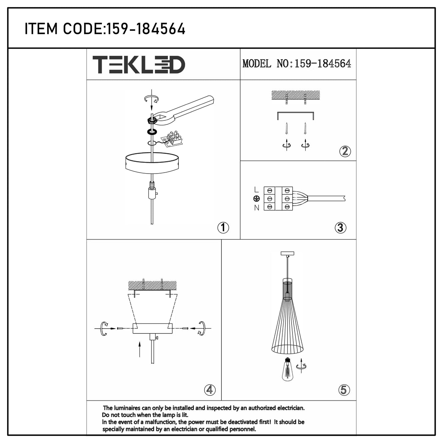 Technical diagram for the TEKLED pendant light, model no. 159-184564. Installation by electrician only.