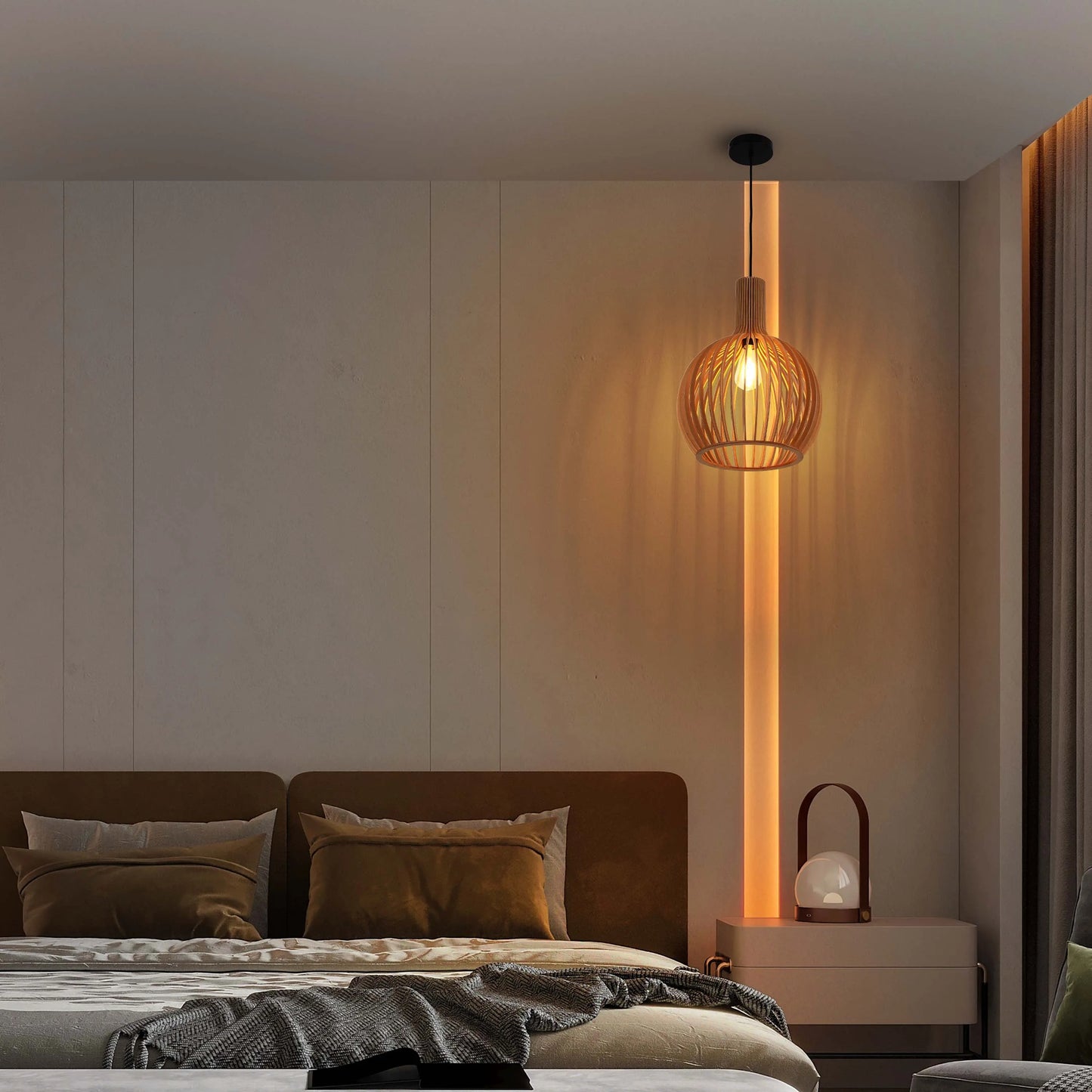 Bedroom lighting showcases a striking pendant lamp and ambient bedside lamp. A warm, inviting glow fills the space.