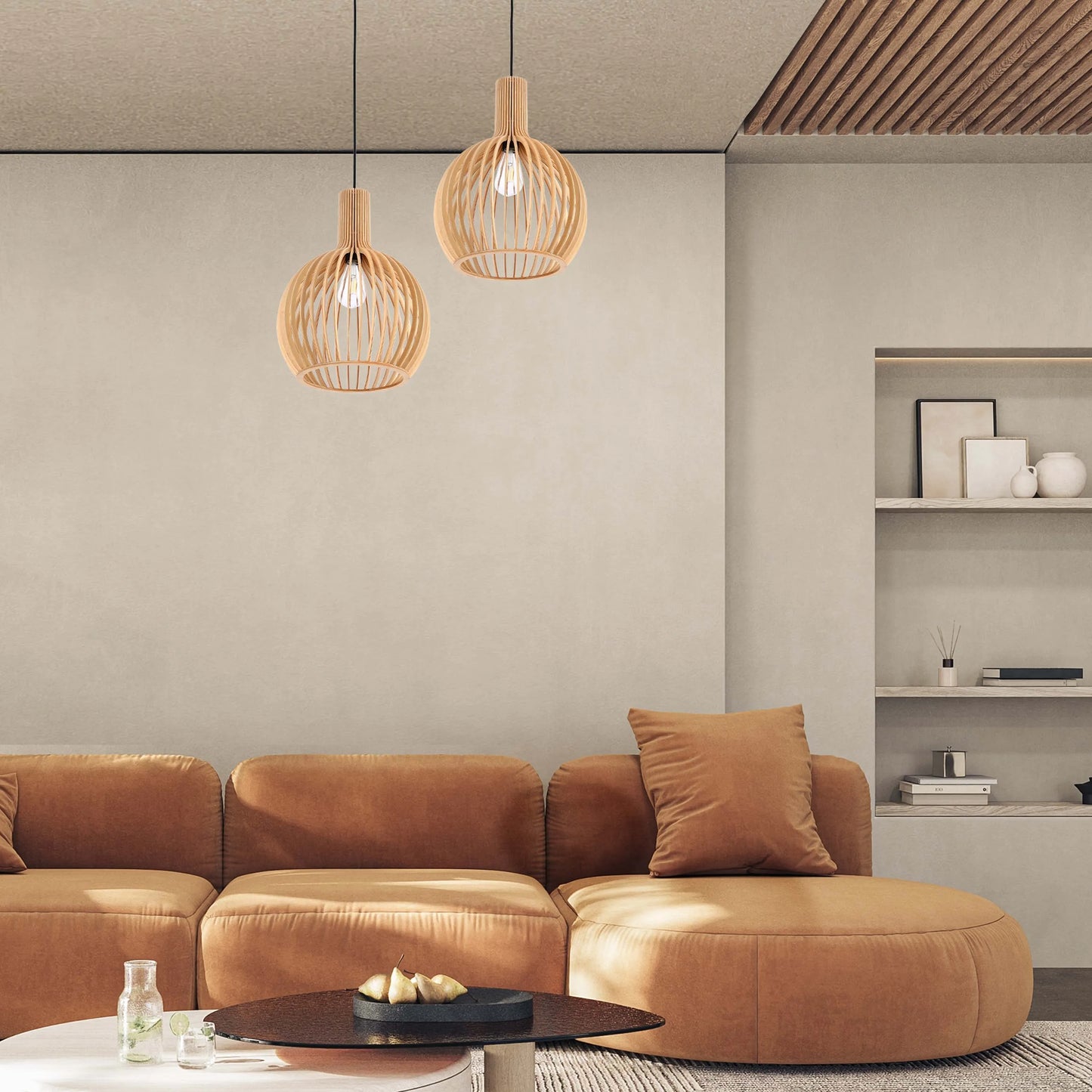 Two wooden pendant lights hang above a brown sofa, adding a modern touch to the neutral-toned living space.
