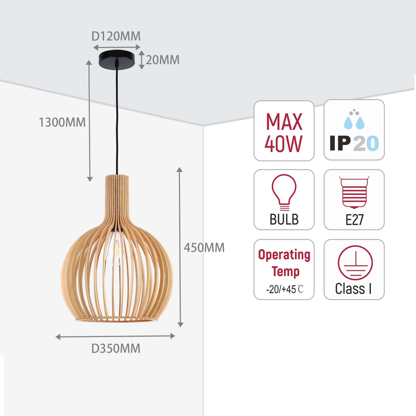 Wooden pendant light with bulb. Dimensions: 1300mm length, D350mm width, 40W max, IP20 rating, E27 bulb.