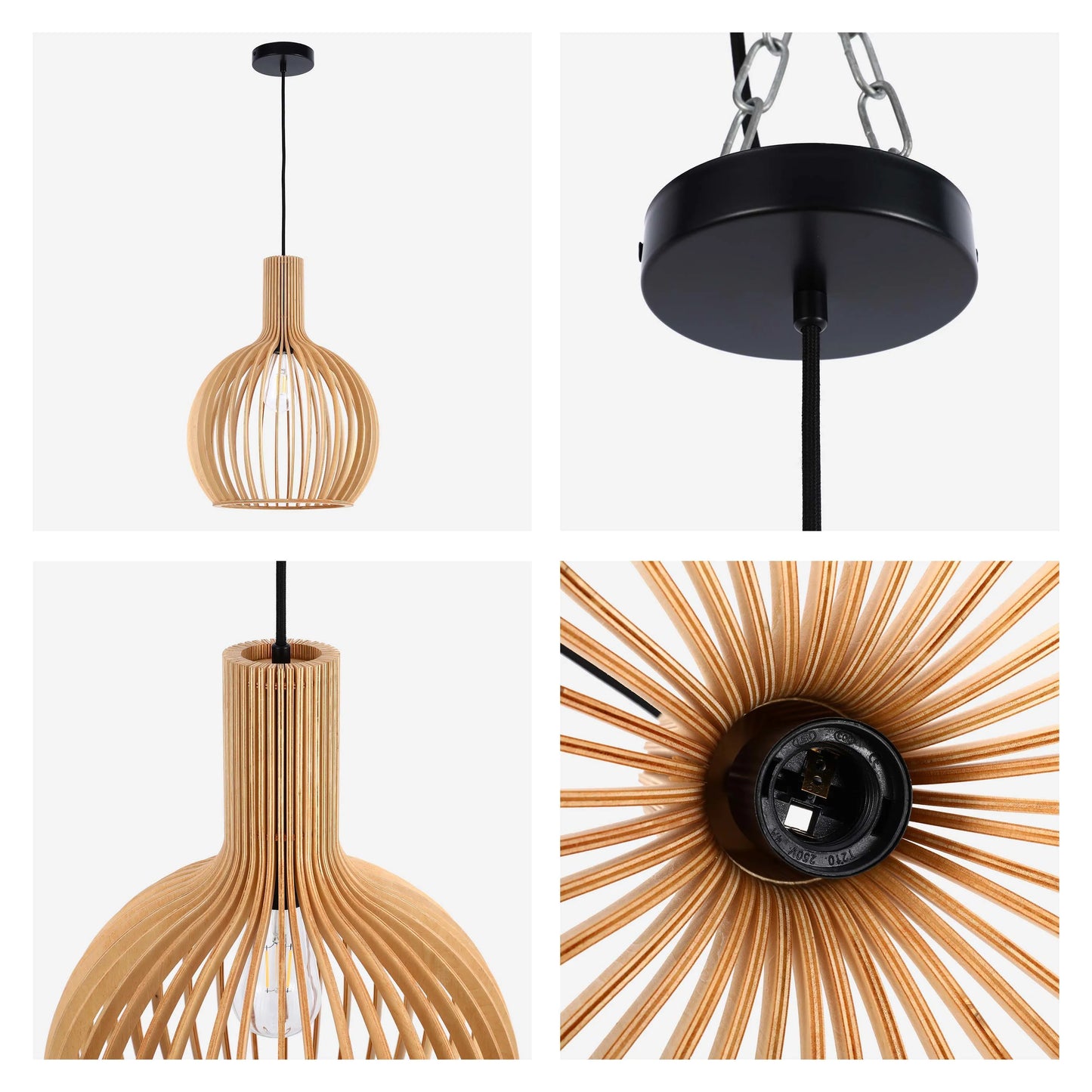 A modern, light wood veneer pendant light with black ceiling rose and flex. Bulb included.